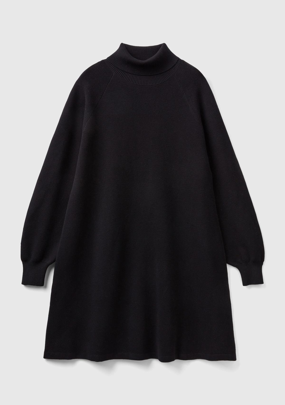 Kadın Siyah Koton Karışımlı Balıkçı Yaka Diz Midi Elbise