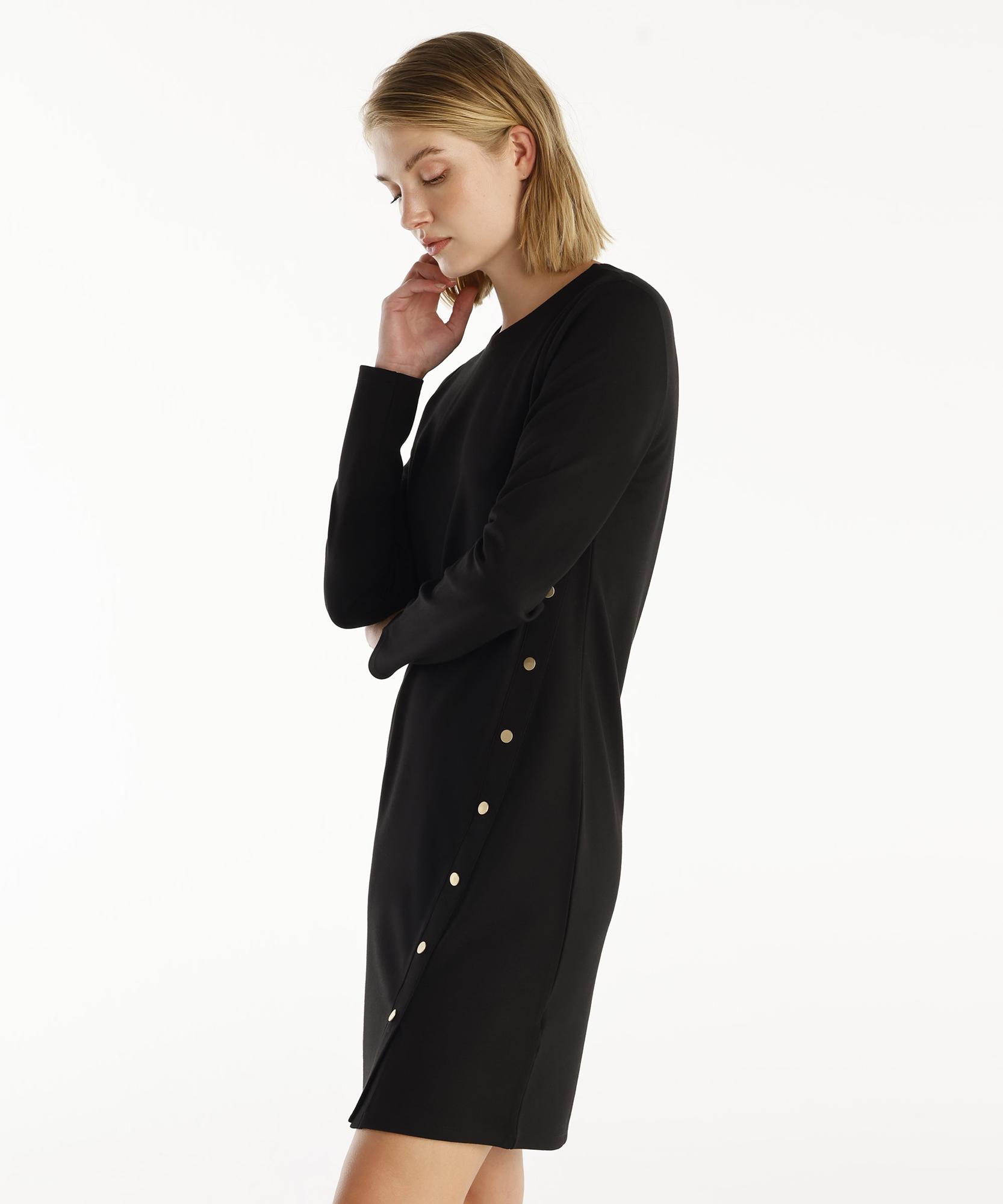 YARGICI Düğme Detaylı Uzun Kollu Bisiklet Yaka Kısa Elbise
