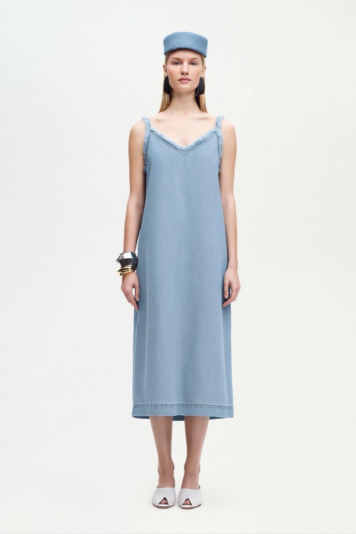 İKİKIZ Açık Mavi Denim Askılı Elbise