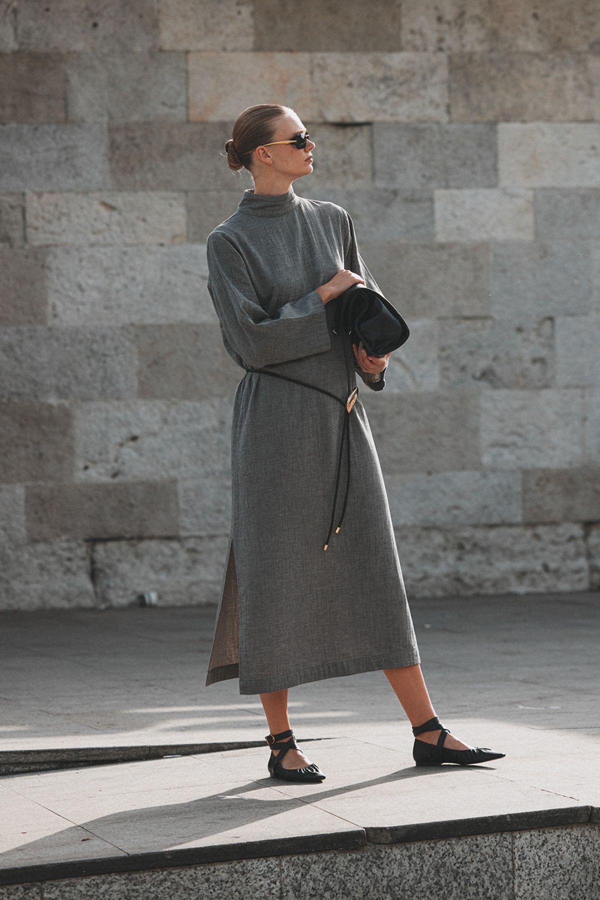 İKİKIZ Gri Boğazlı Elbise Kadın Renkli