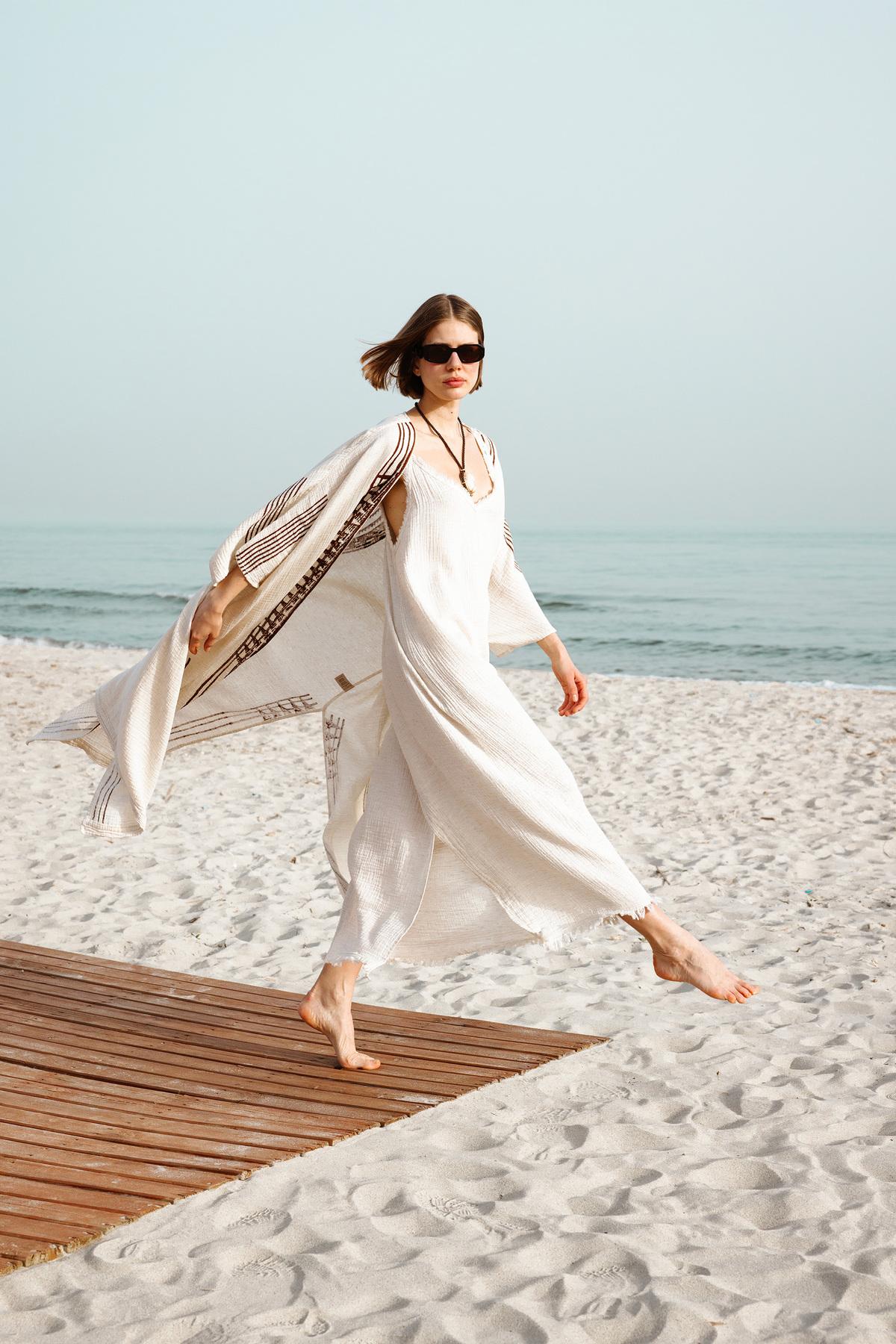 İKİKIZ Crinkle Linen İp Askılı Elbise Kadın Naturel