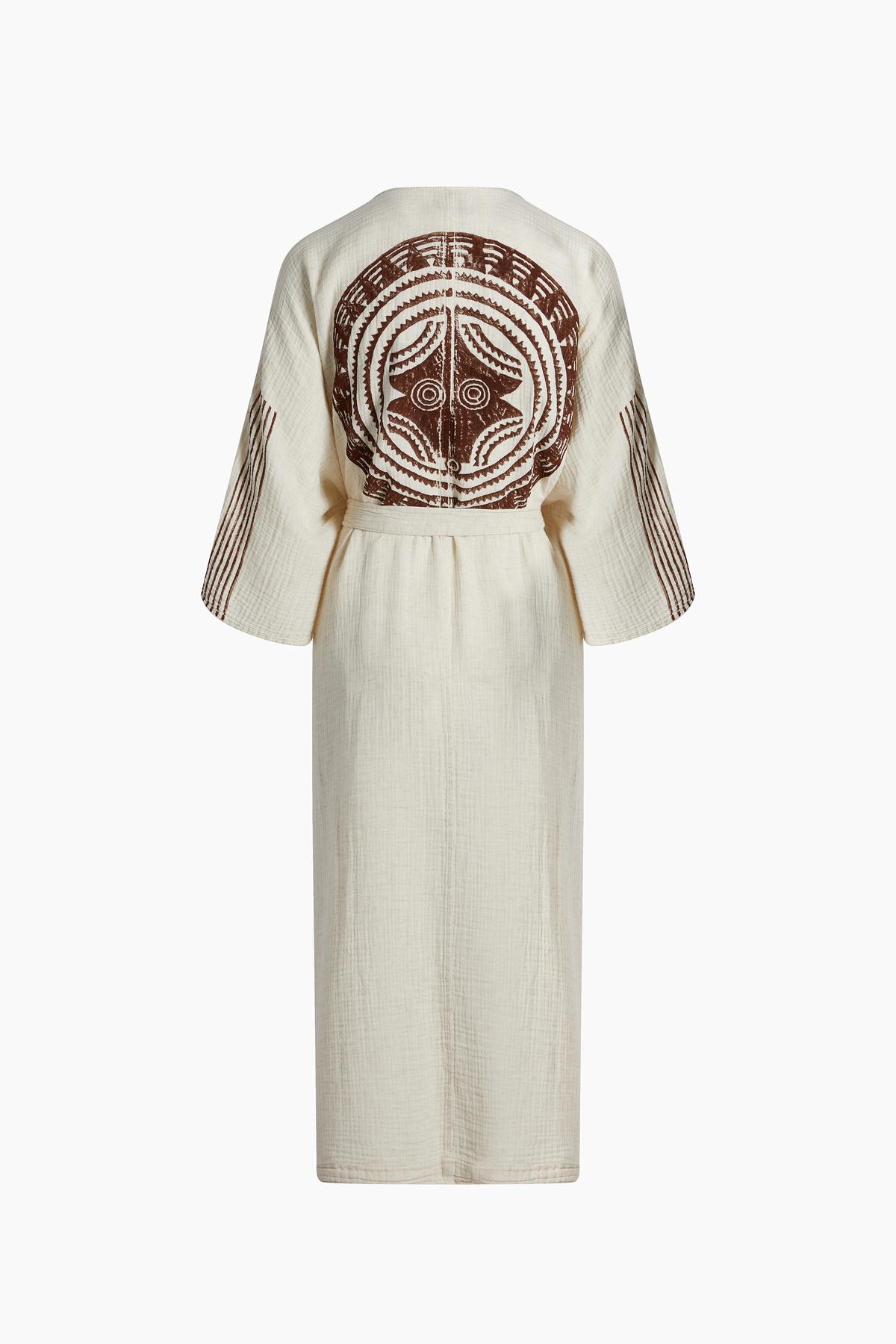 İKİKIZ Crinkle Linen Kahverengi Baskılı Kimono Kadın Naturel