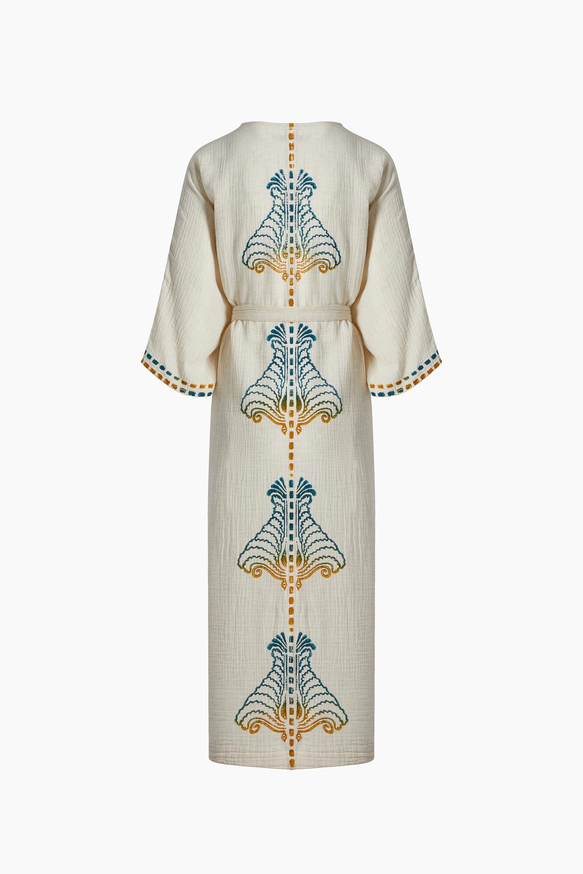 İKİKIZ Crinkle Linen Renkli Baskılı Kimono Kadın Naturel