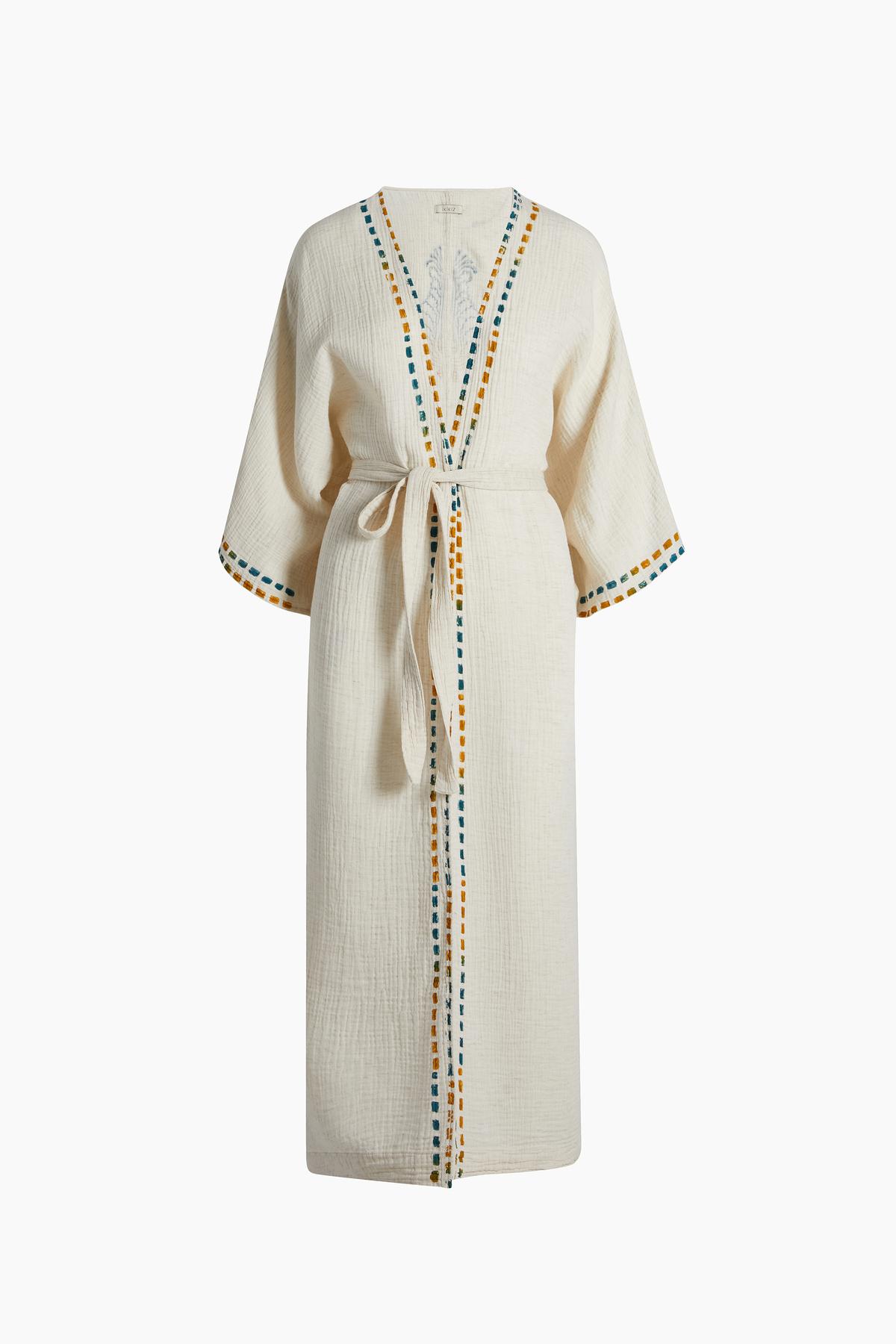 İKİKIZ Crinkle Linen Renkli Baskılı Kimono Kadın Naturel