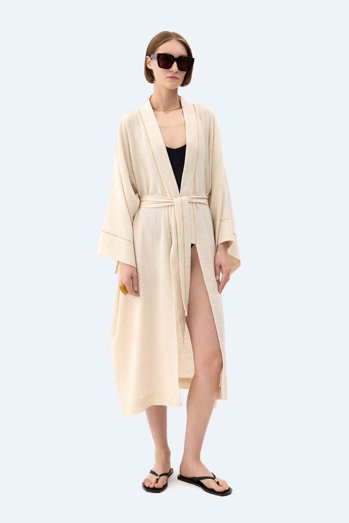 İKİKIZ Natürel Keten Kimono Kadın Naturel