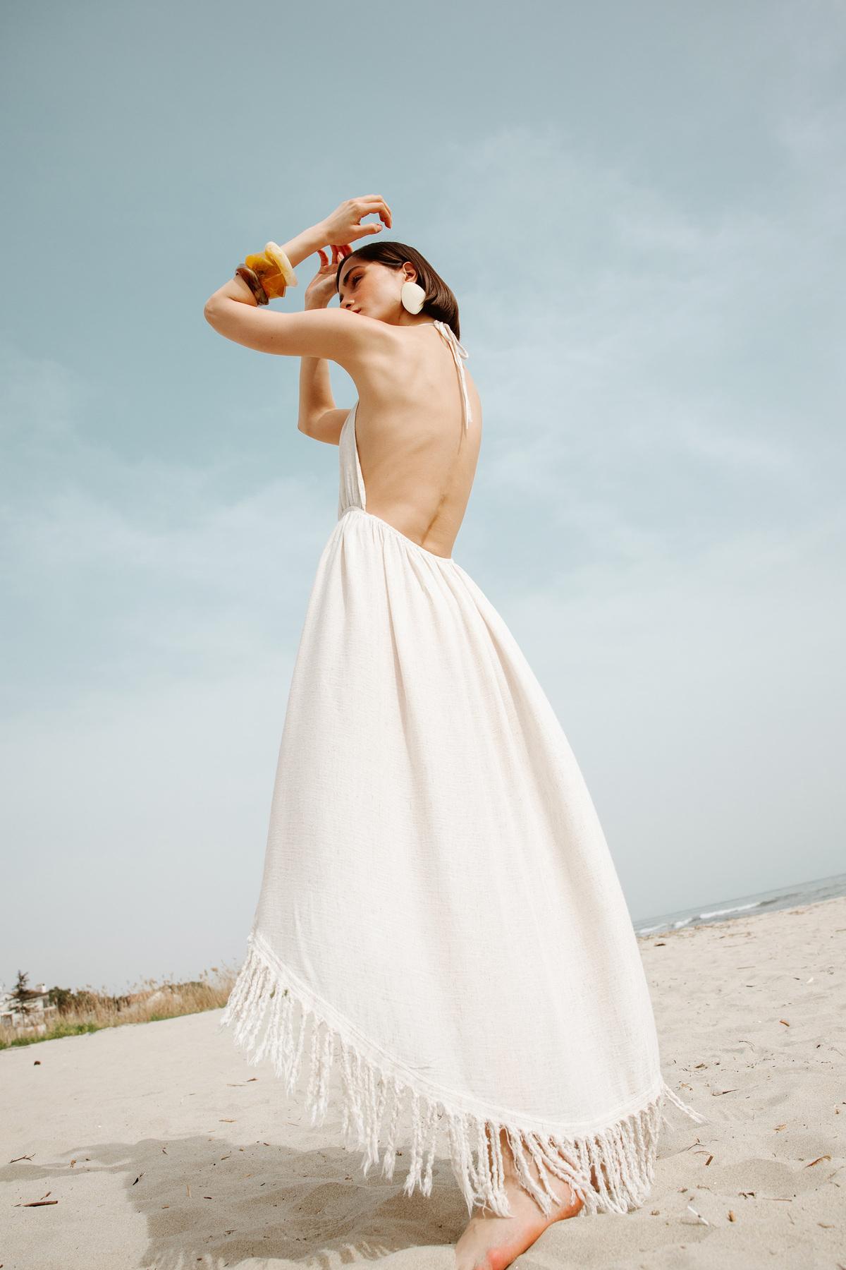 İKİKIZ Kenevir Halter Yaka Elbise Kadın Naturel