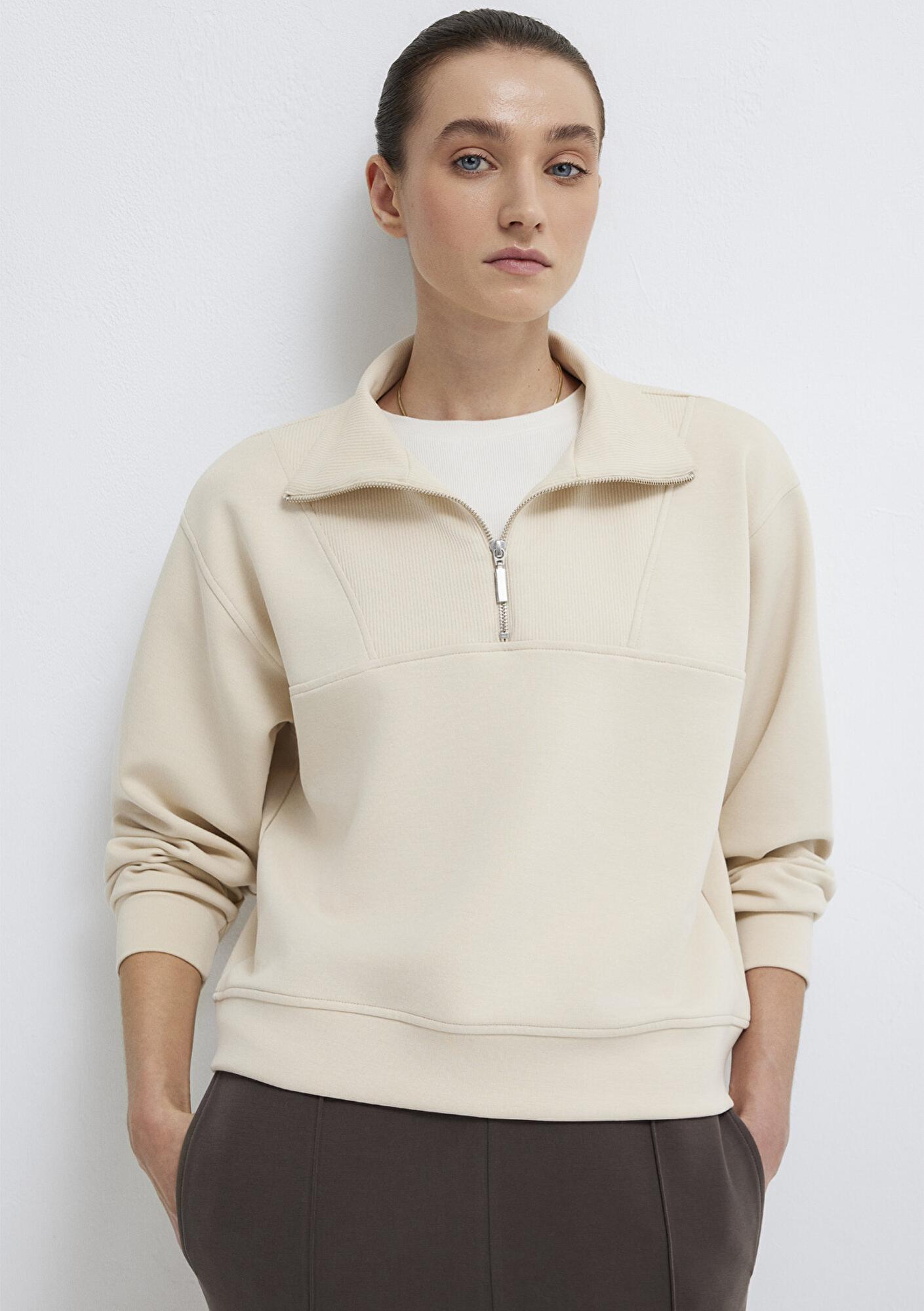 Mavi Yarı Fermuarlı Ekru (TENCEL™) Sweatshirt 1S10488-70005