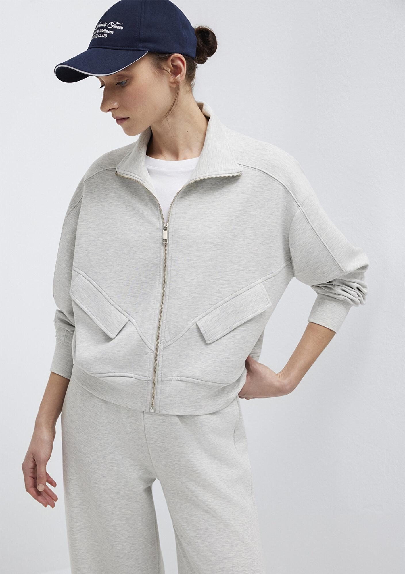 Mavi Dik Yaka Fermuarlı Gri Sweatshirt 1S10506-83096