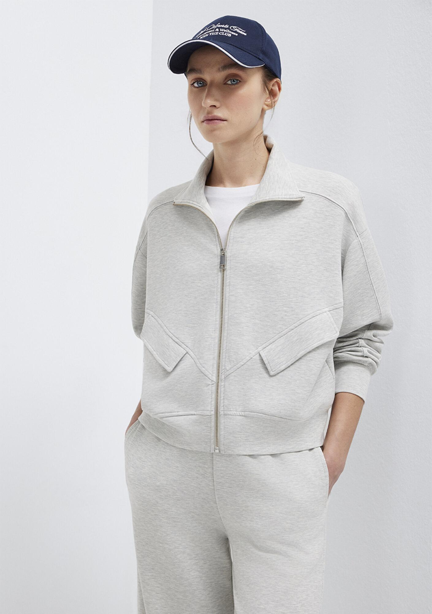 Mavi Dik Yaka Fermuarlı Gri Sweatshirt 1S10506-83096