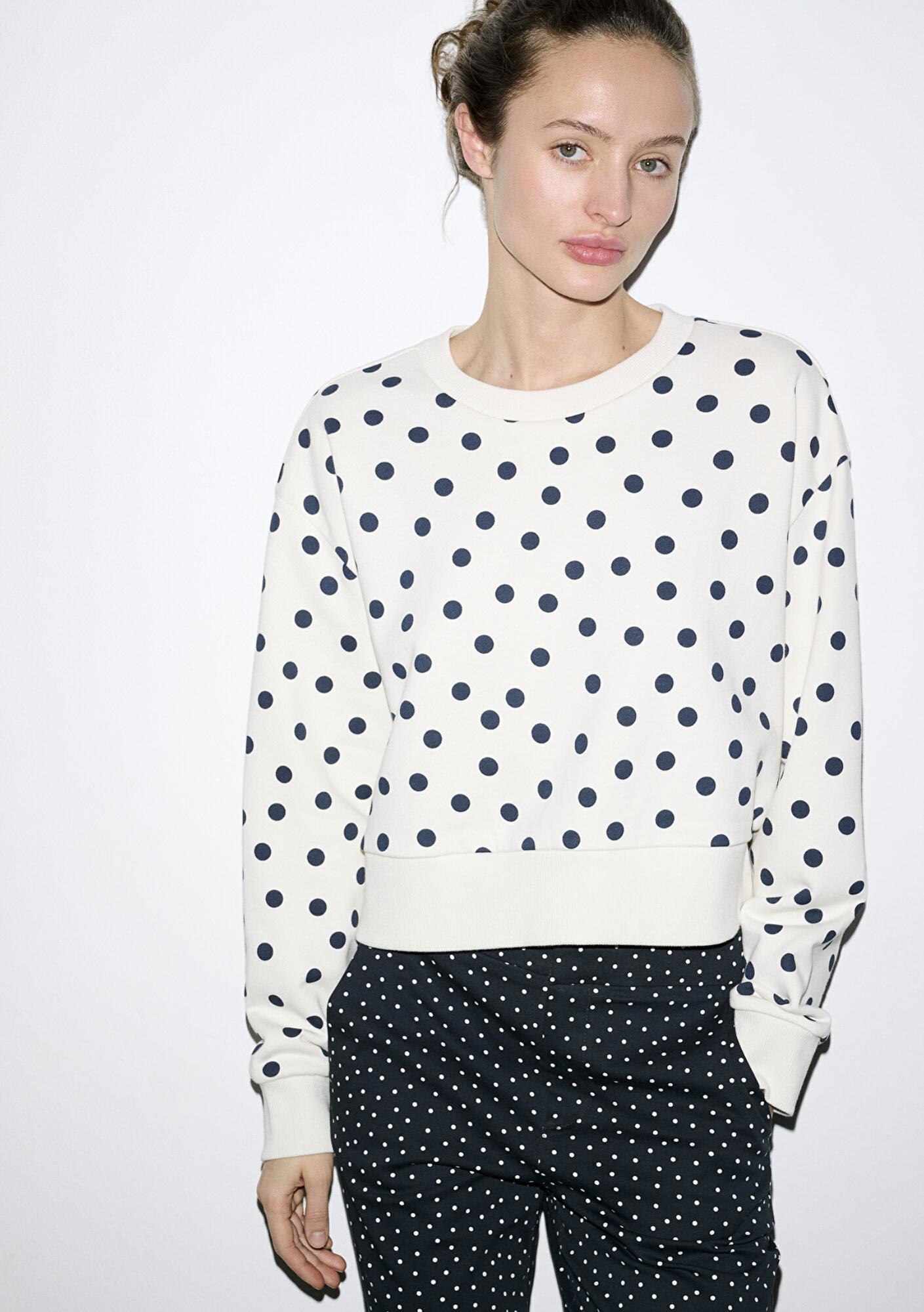 Mavi Lacivert Puantiyeli Ekru Sweatshirt 1S10534-91576