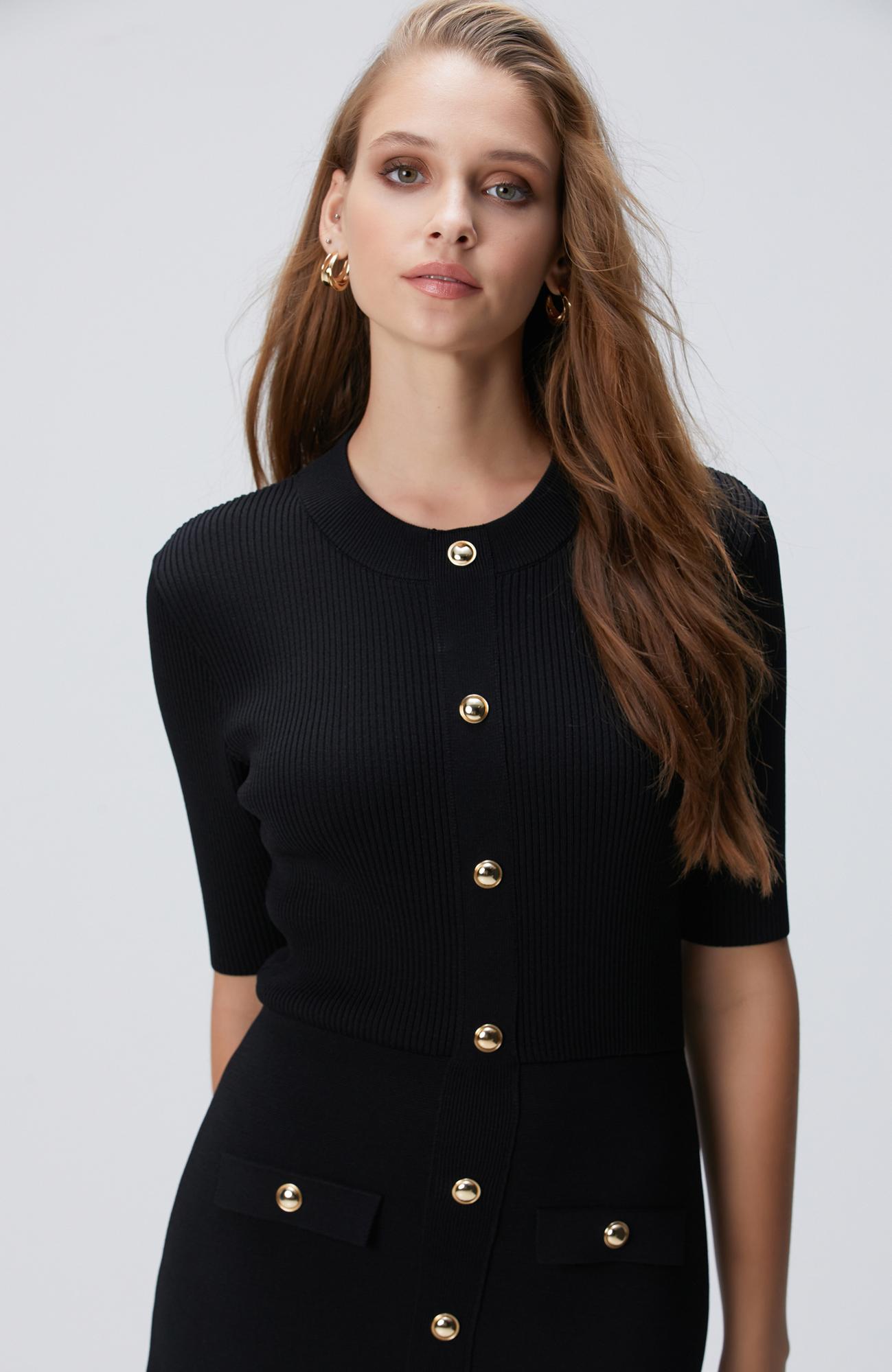 Network Kadın Siyah Düğme Detaylı Triko Elbise