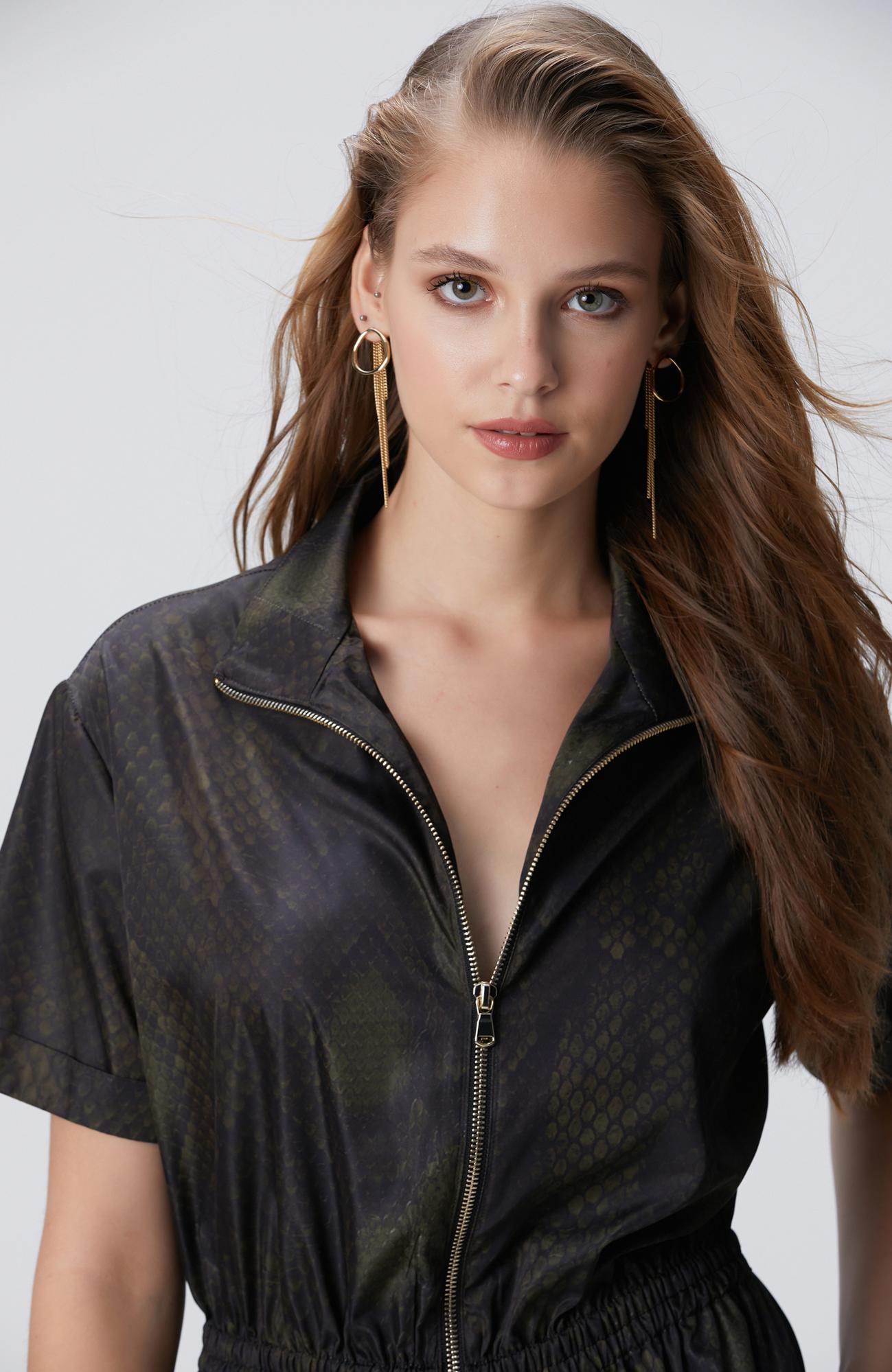 Network Kadın Yılan Derisi Desenli Haki Midi Elbise