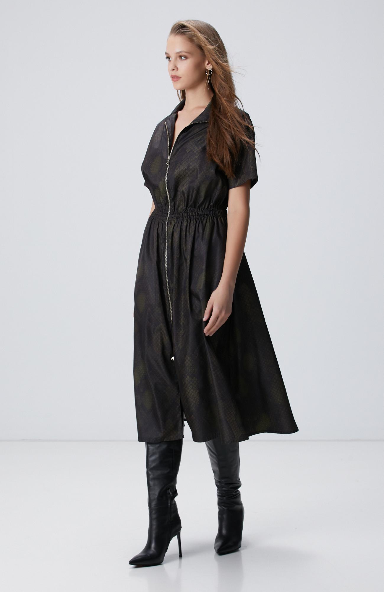 Network Kadın Yılan Derisi Desenli Haki Midi Elbise