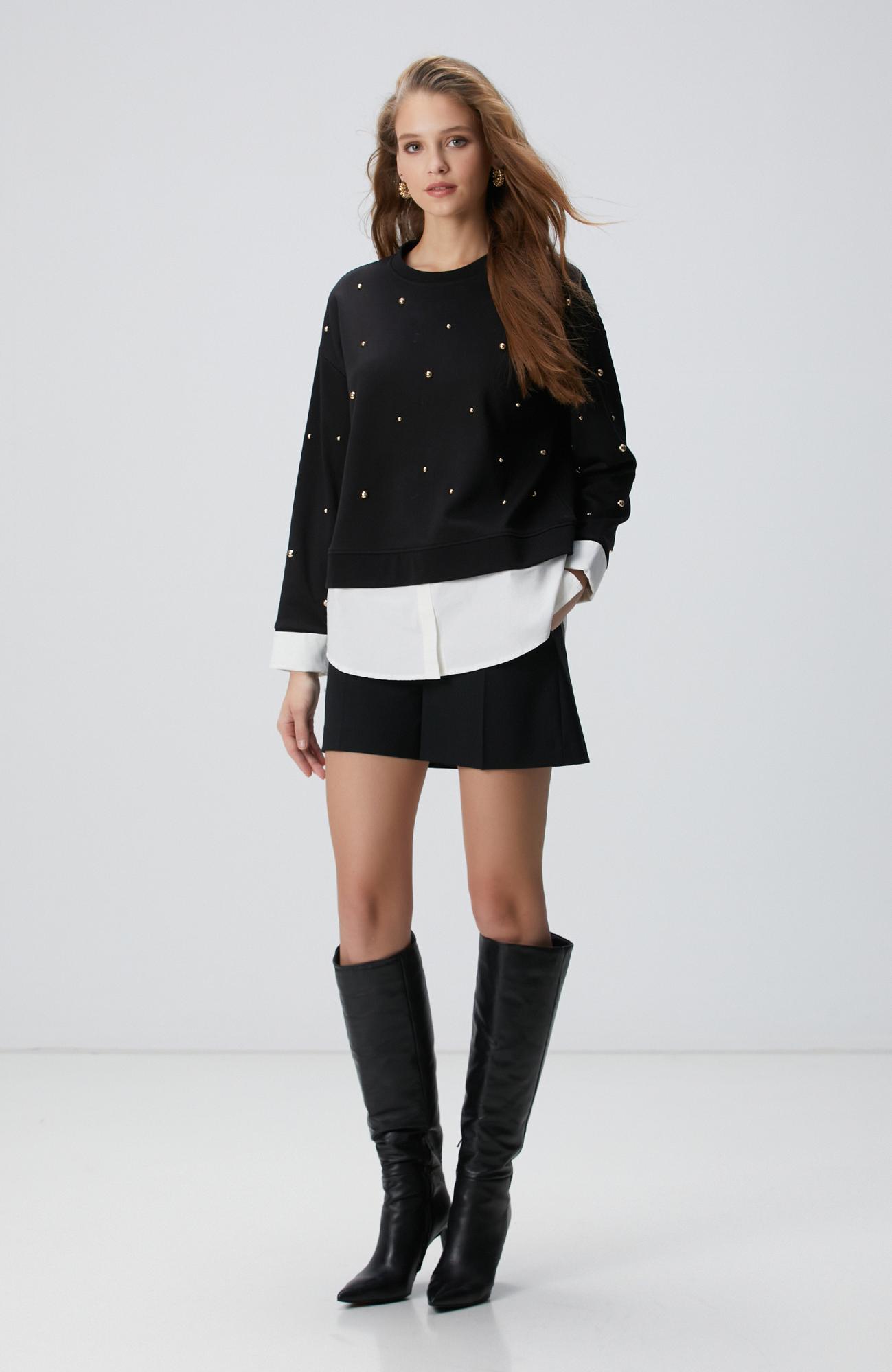 Network Kadın Siyah Metal Aksesuarlı Sweatshirt