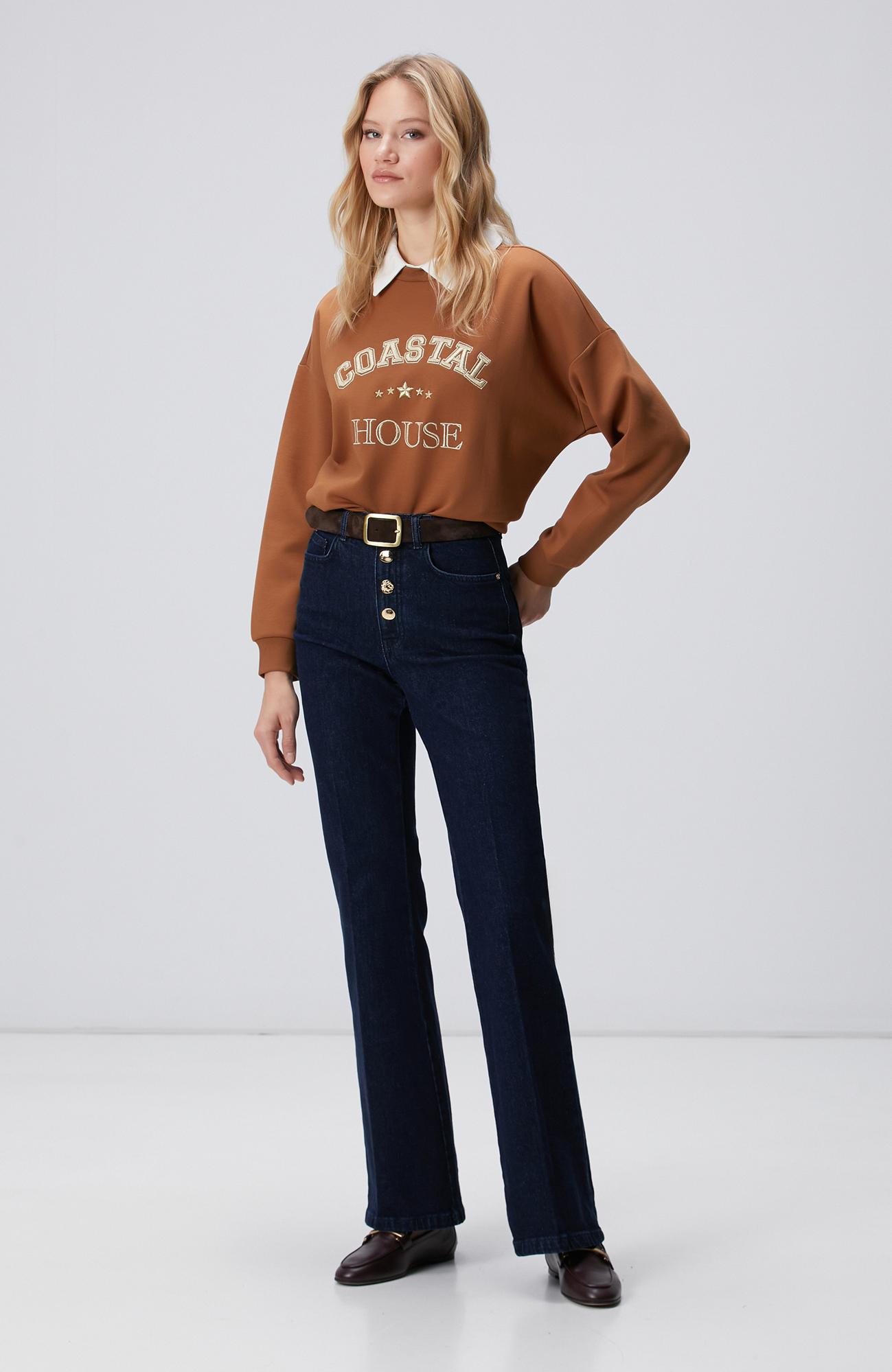 Network Kadın Camel Denim Yakalı Sweatshirt