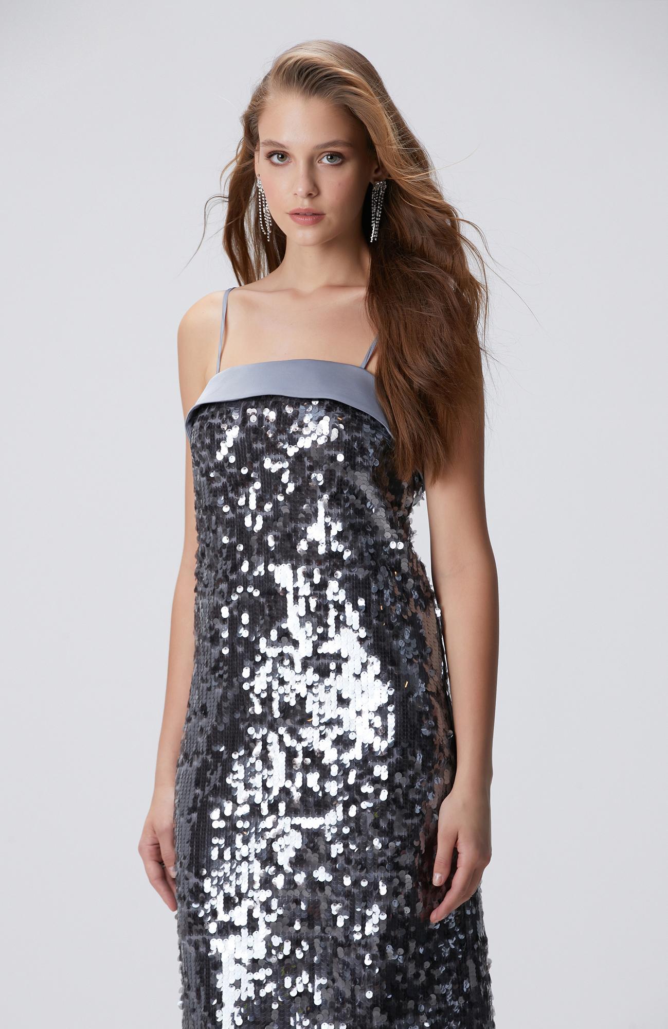 Network Kadın Antrasit Payetli Abiye Elbise