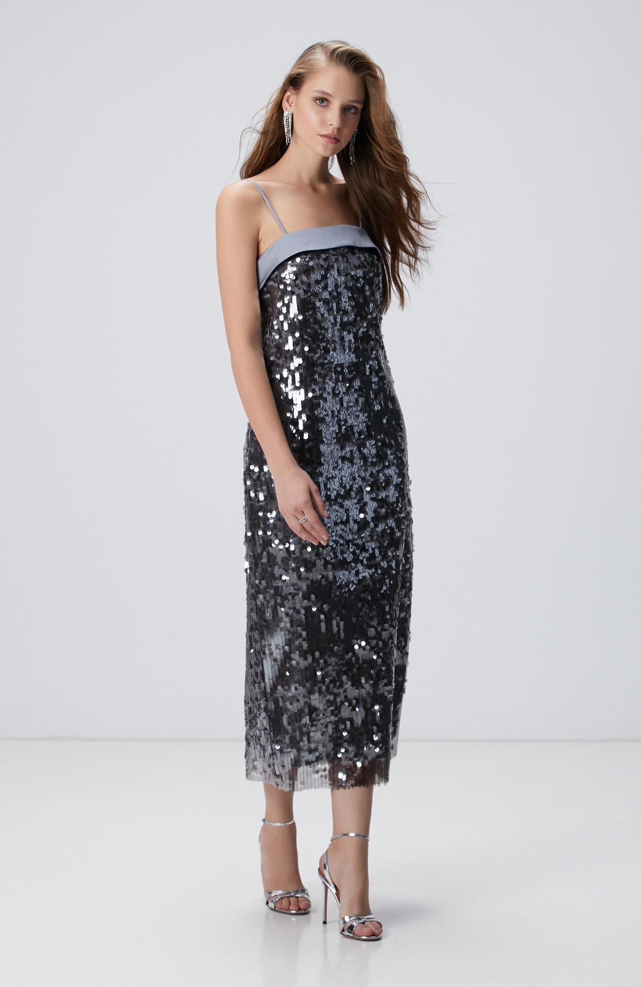 Network Kadın Antrasit Payetli Abiye Elbise