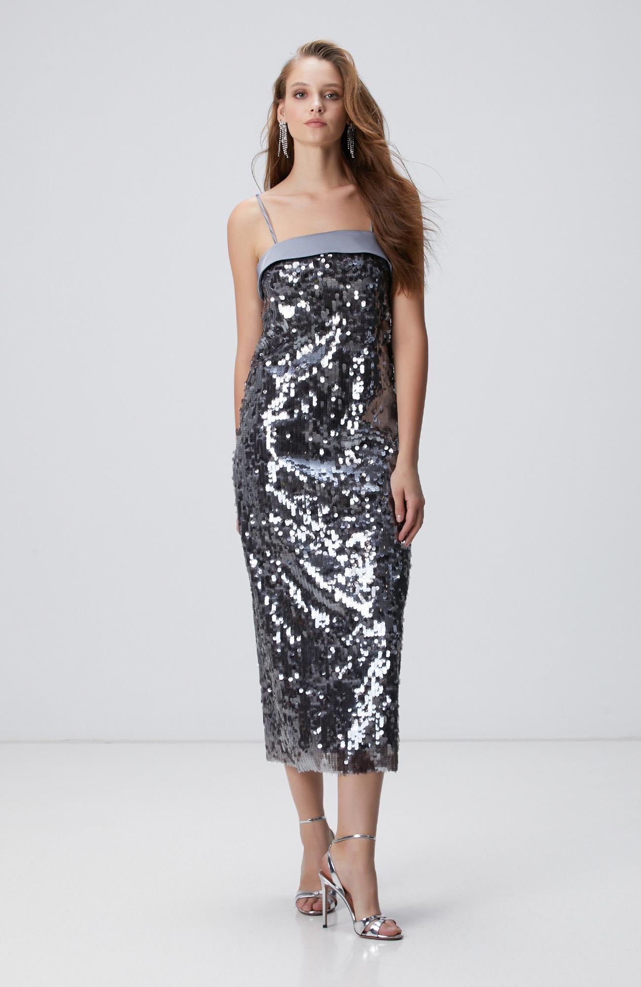 Network Kadın Antrasit Payetli Abiye Elbise