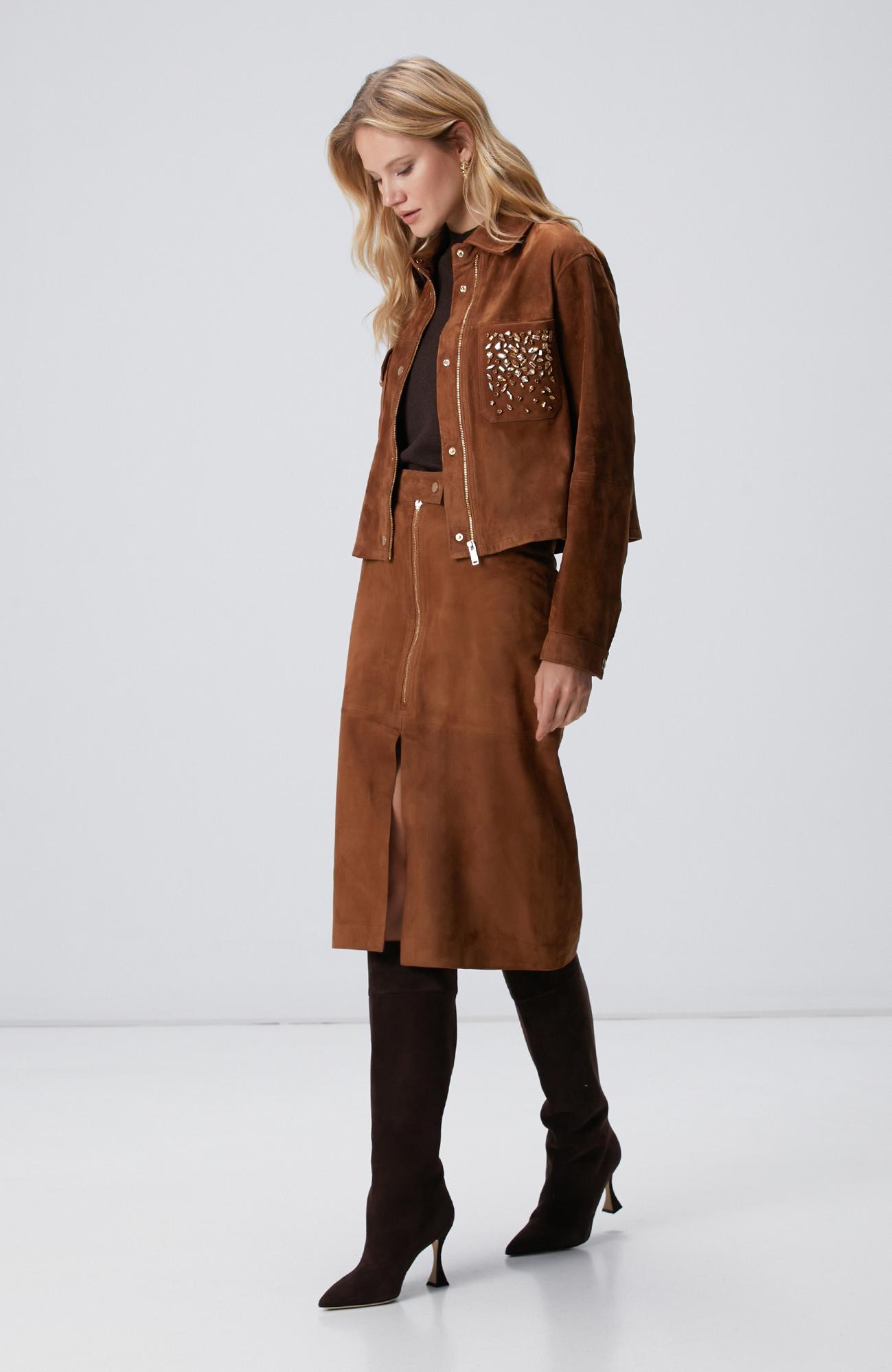 Network Kadın Tarçın Süet Deri Midi Etek