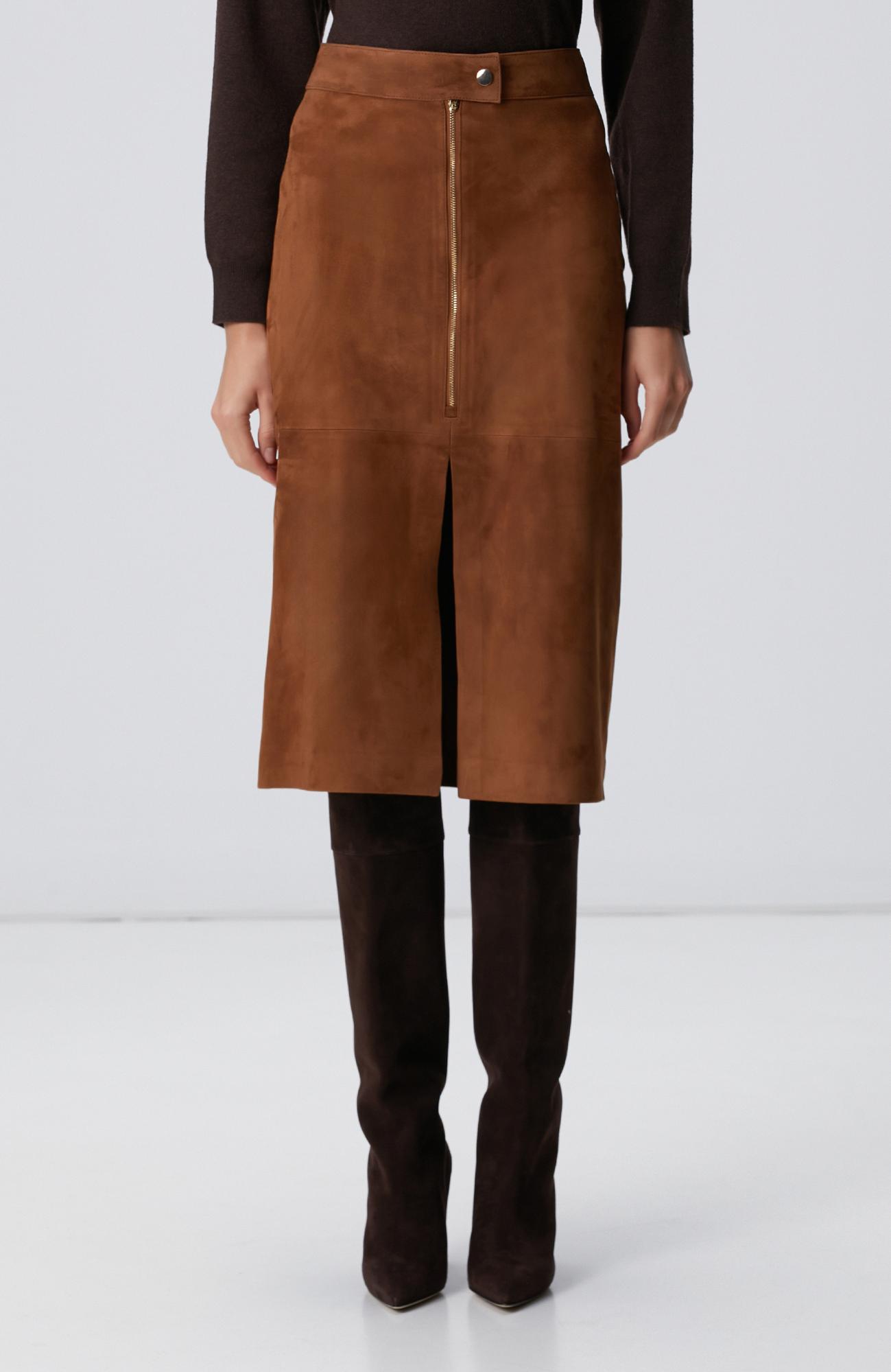 Network Kadın Tarçın Süet Deri Midi Etek