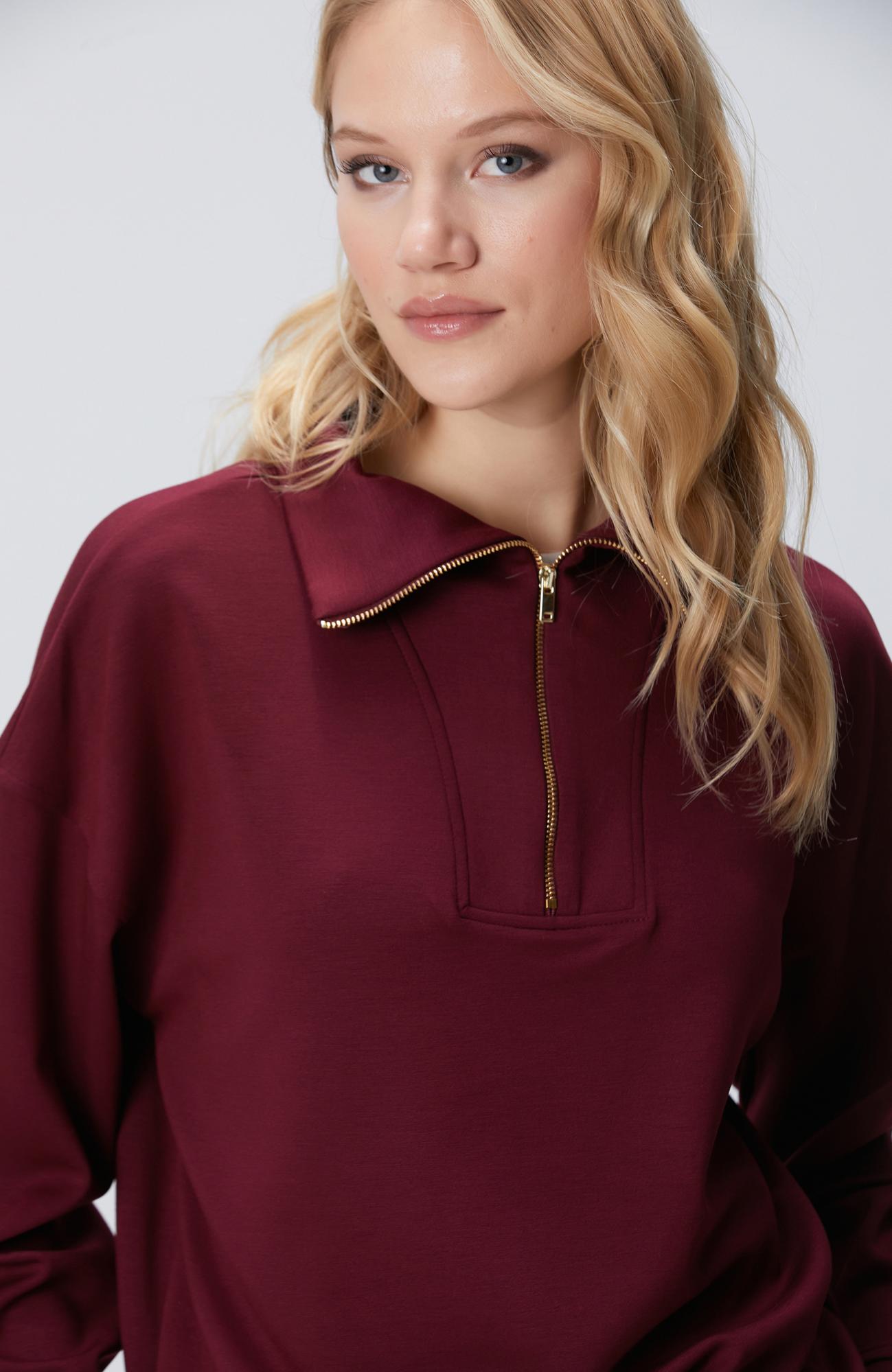 Network Kadın Bordo Dik Yaka Fermuarlı Sweatshirt