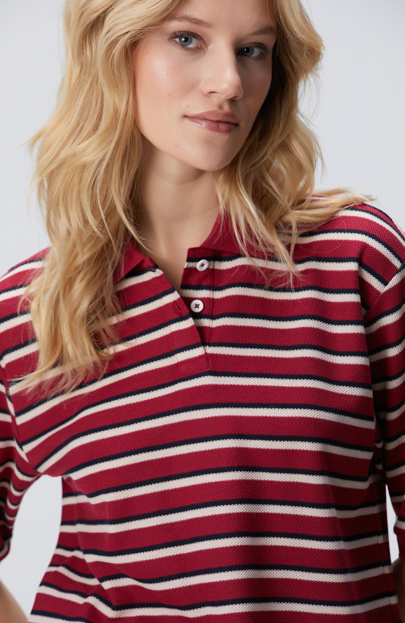 Network Kadın Kırmızı Yarım Kol Çizgili Pike Polo Sweatshirt