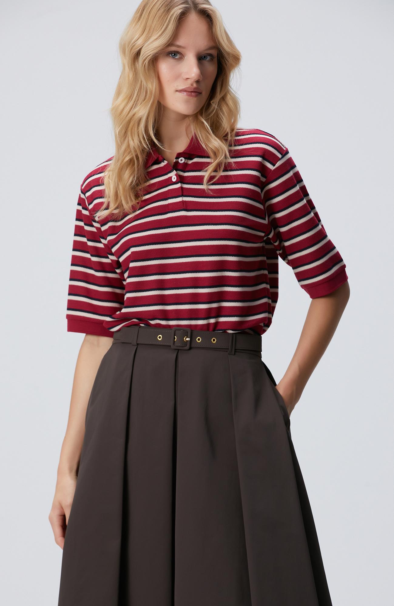 Network Kadın Kırmızı Yarım Kol Çizgili Pike Polo Sweatshirt