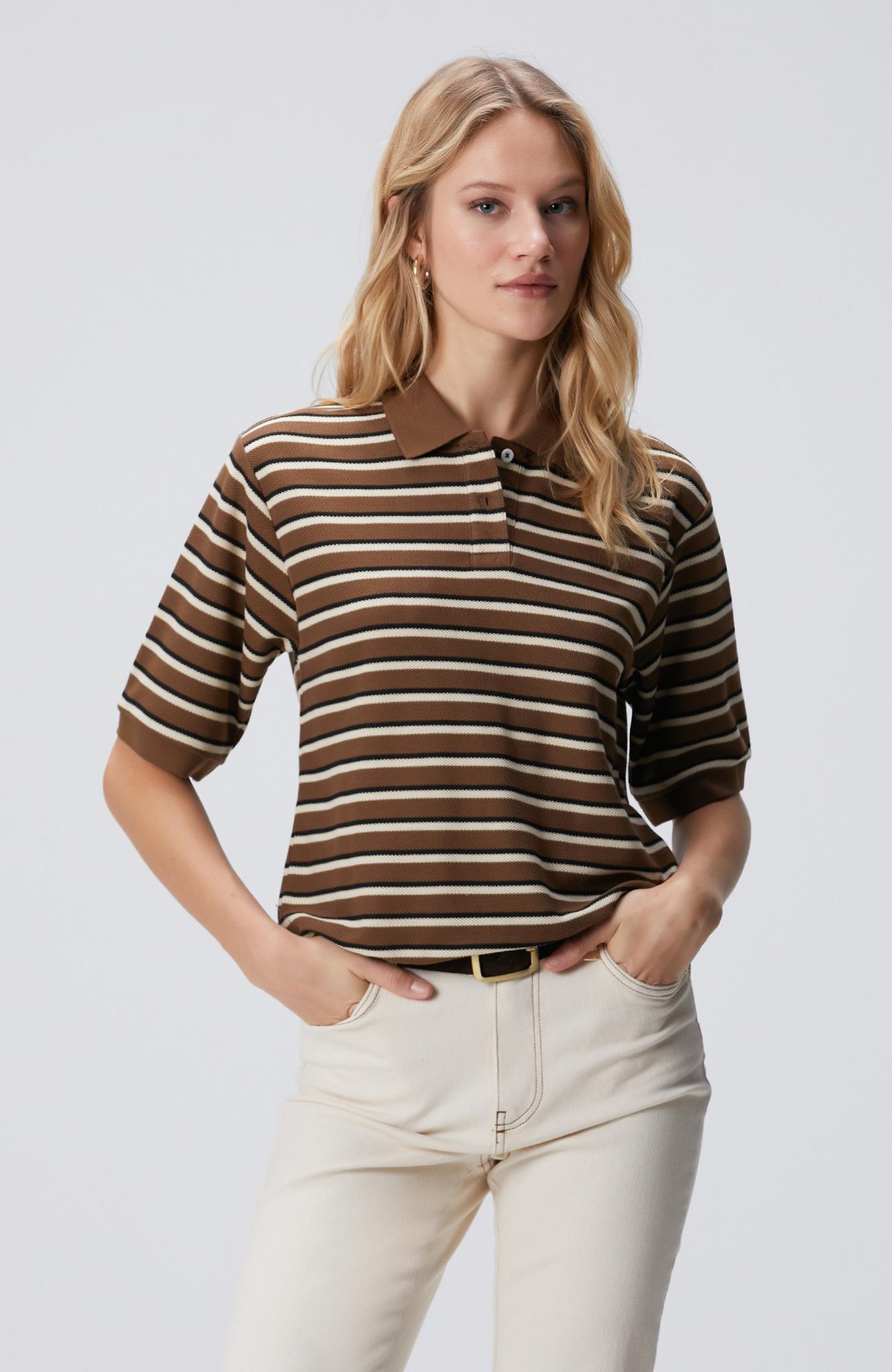 Network Kadın Kahverengi Çizgili Pike Sweatshirt