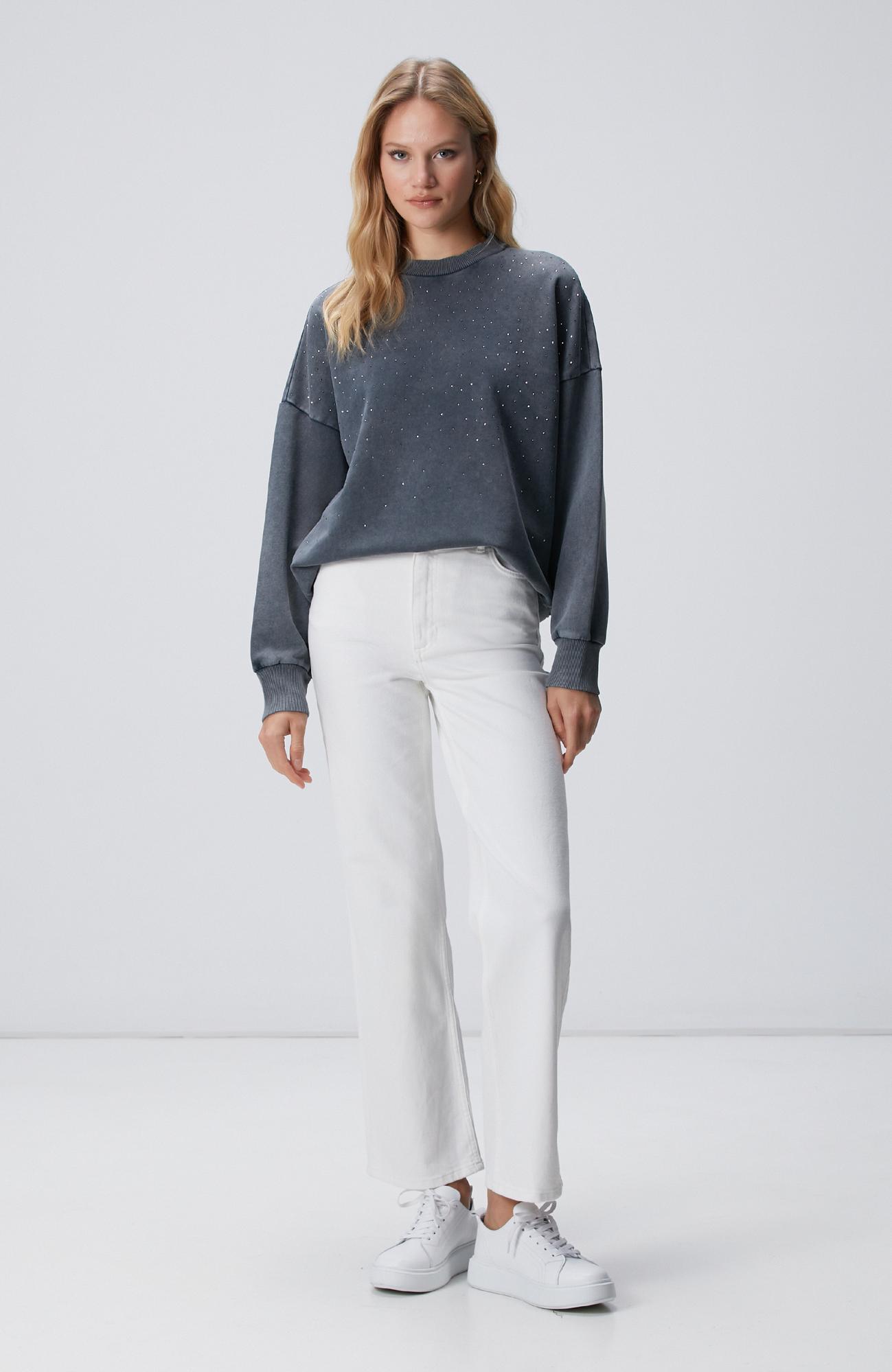 Network Kadın Antrasit Taşlı Sweatshirt