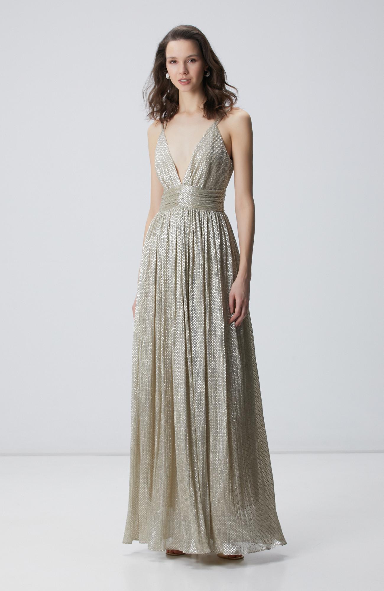 Network Kadın Gold Altın Rengi Maxi Abiye Elbise