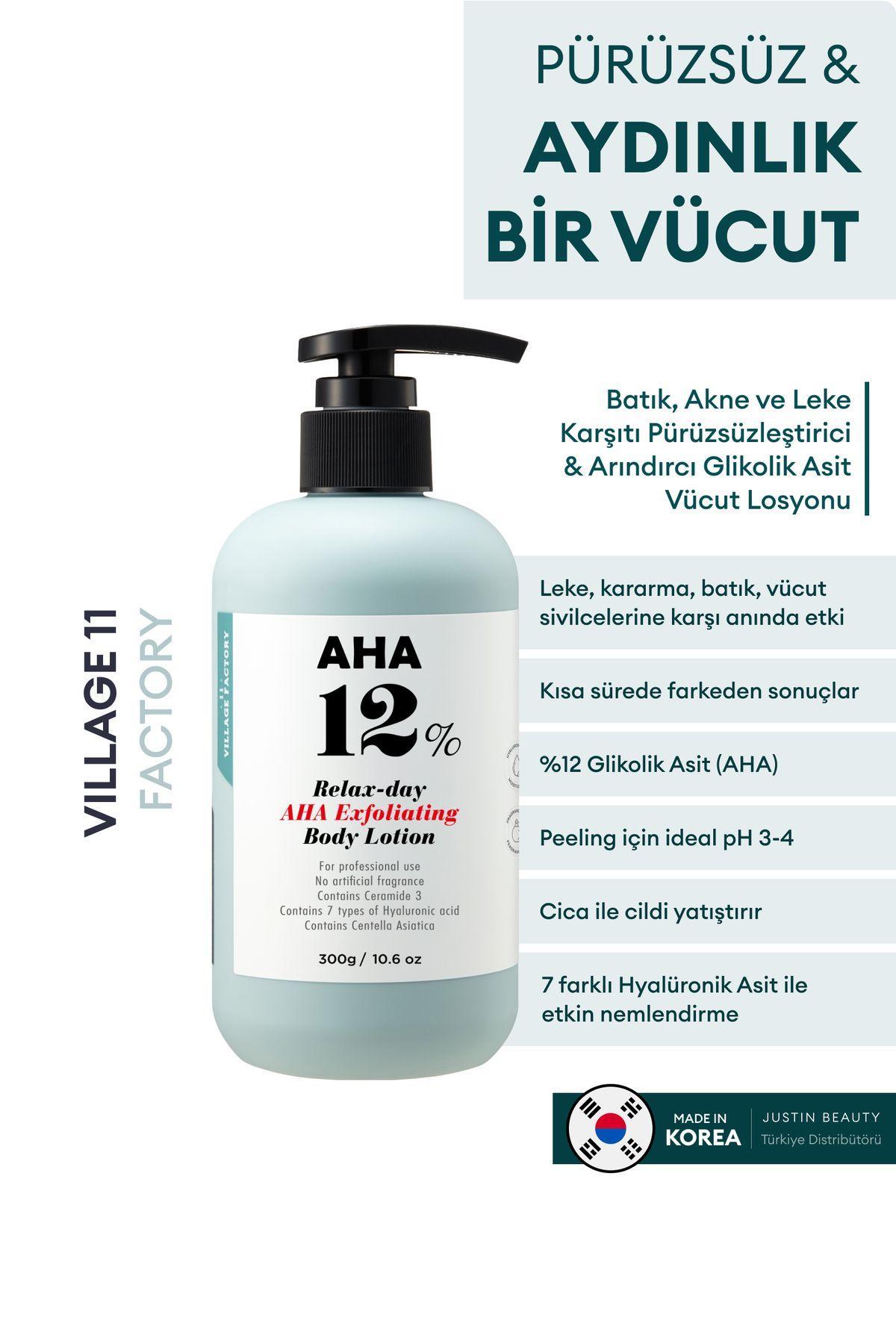 Village 11 Factory Relax Day Aha Exfoliating Body Lotion 300ml - Batık Akne Leke & Kararma Karşıtı Arındırıcı Glikolik Asit Vücut Peeling Losyonu