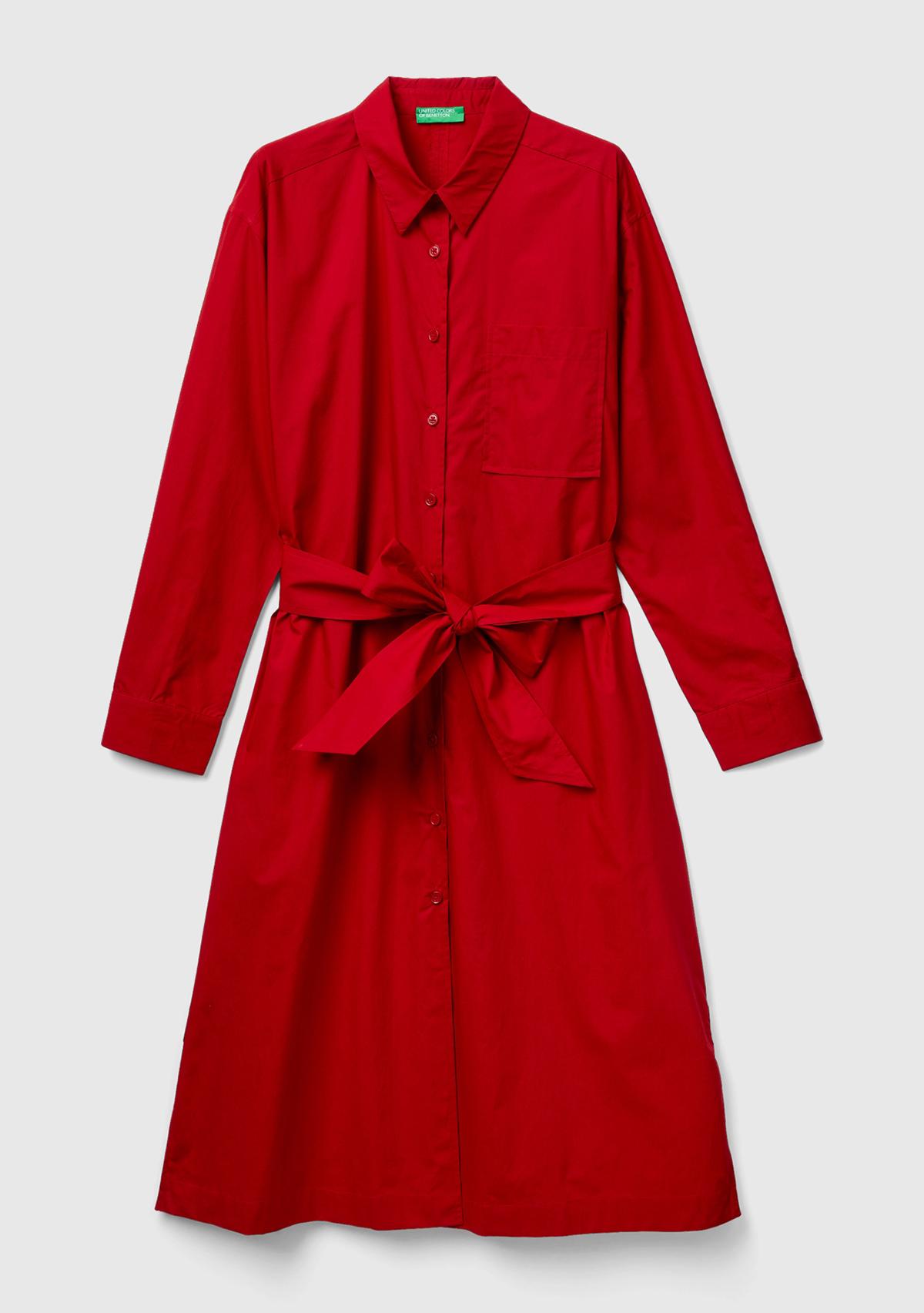 Kadın Vişne Çürüğü %100 Koton Gömlek Yaka Uzun Kollu Popline Elbise