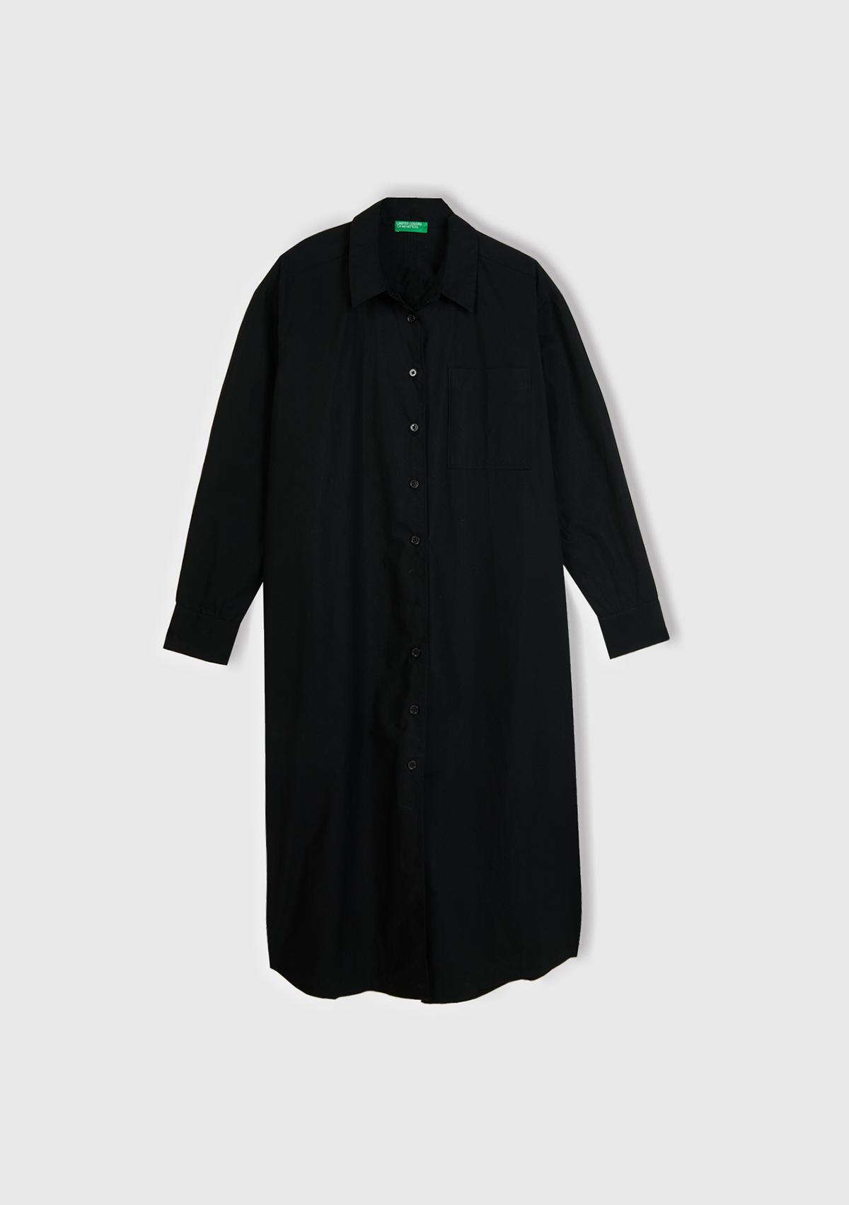 Kadın Siyah %100 Koton Gömlek Yaka Uzun Kollu Popline Elbise
