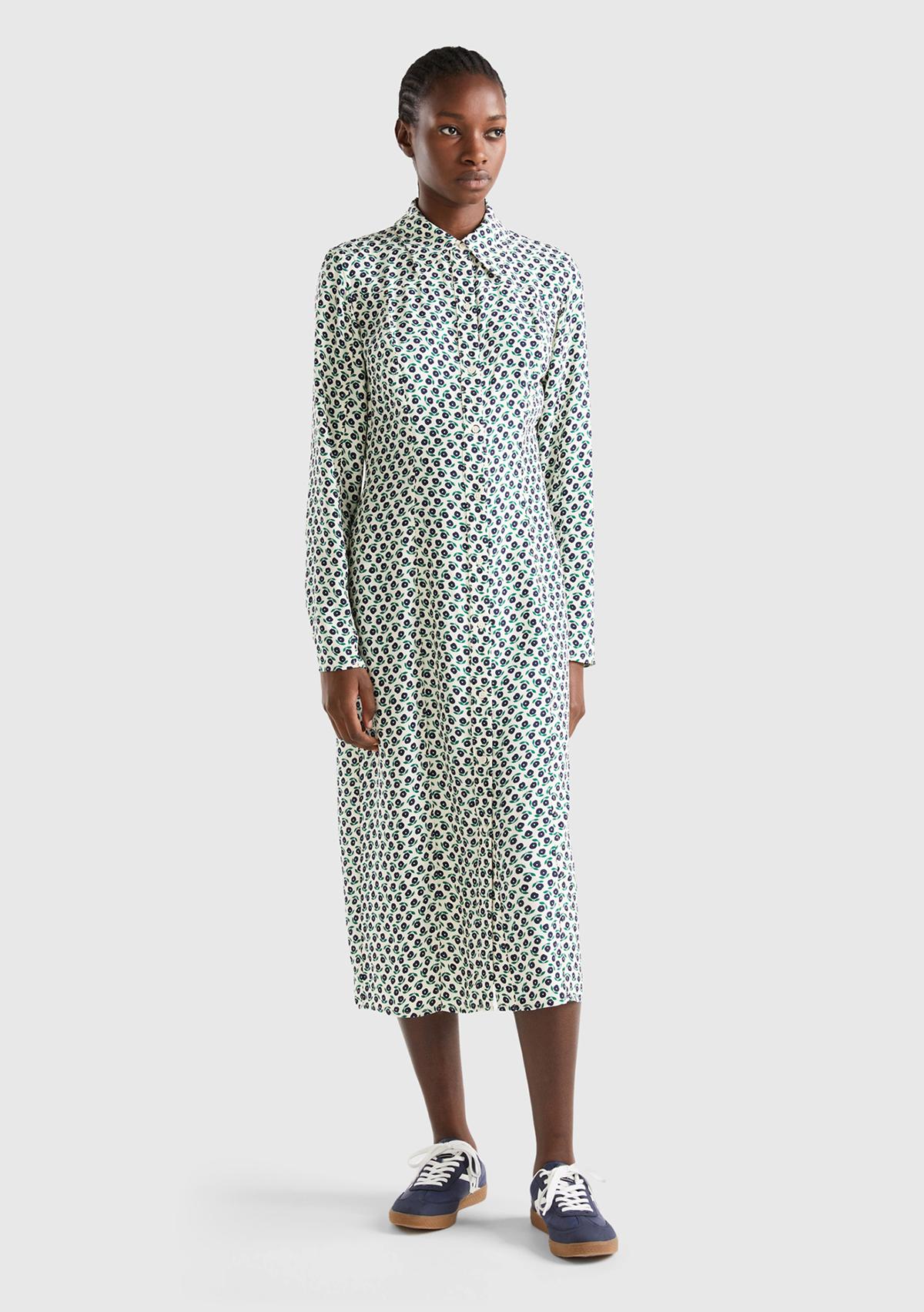 Kadın Yeşil Mix %100 Viskoz Çiçek Desenli Gömlek Yaka Uzun Kollu Elbise