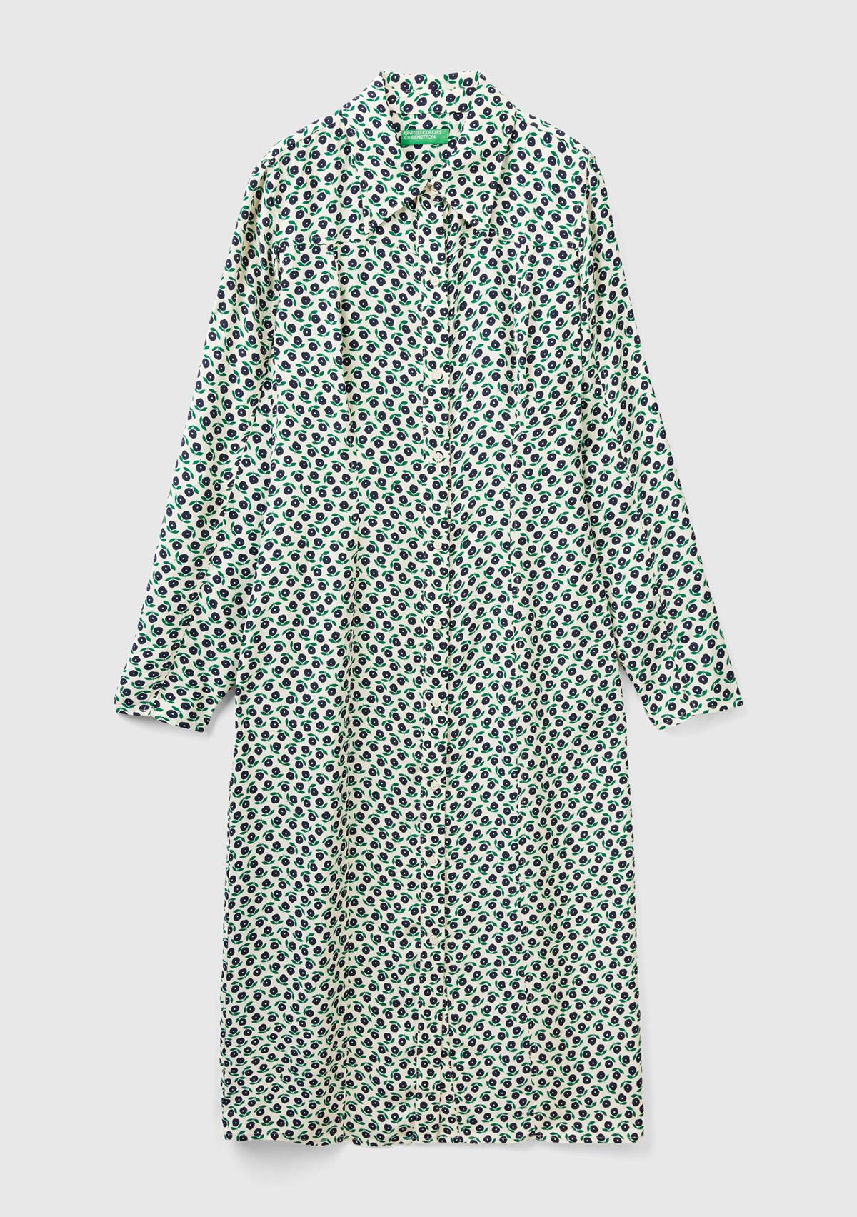 Kadın Yeşil Mix %100 Viskoz Çiçek Desenli Gömlek Yaka Uzun Kollu Elbise