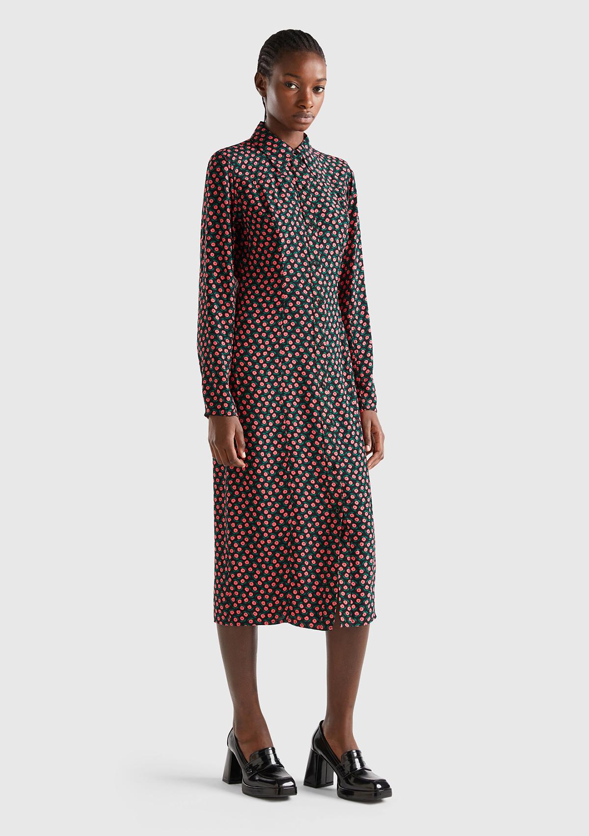 Kadın Pembe Mix %100 Viskoz Çiçek Desenli Gömlek Yaka Uzun Kollu Elbise