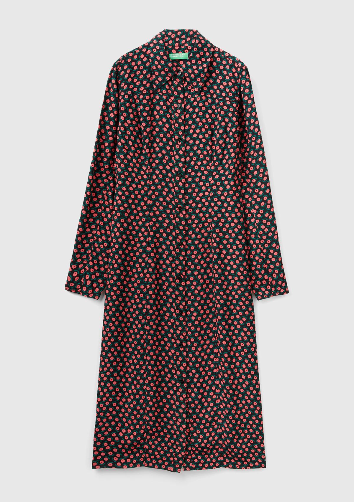 Kadın Pembe Mix %100 Viskoz Çiçek Desenli Gömlek Yaka Uzun Kollu Elbise