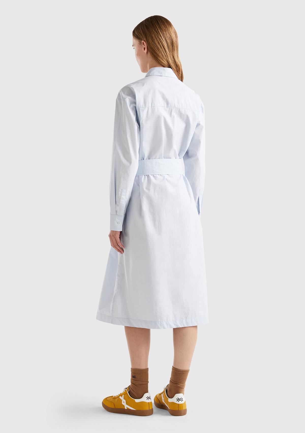 Kadın Soluk Mavi %100 Koton Gömlek Yaka Uzun Kollu Popline Elbise