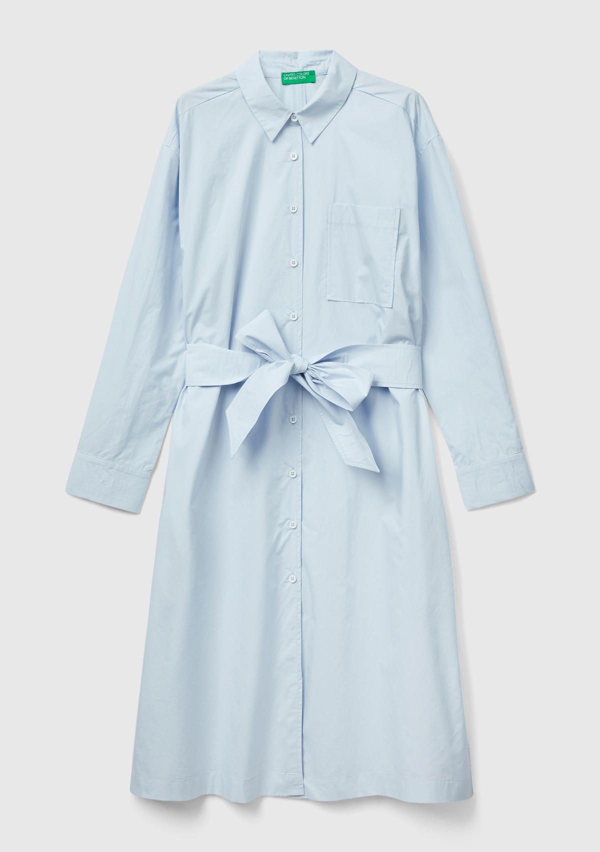Kadın Soluk Mavi %100 Koton Gömlek Yaka Uzun Kollu Popline Elbise