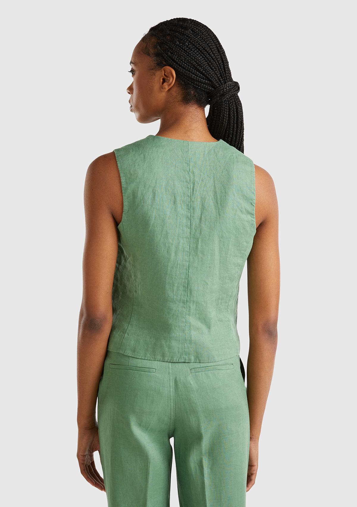 Kadın Mint Yeşili %100 Keten Önü Düğme İliklemeli V Yaka Yelek