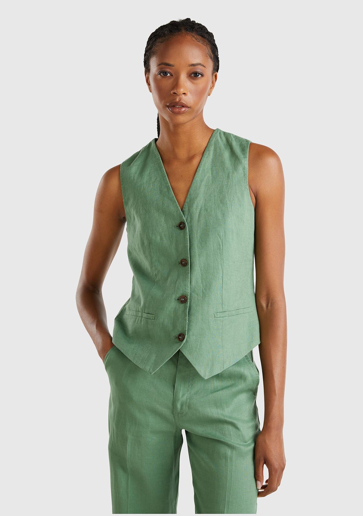 Kadın Mint Yeşili %100 Keten Önü Düğme İliklemeli V Yaka Yelek