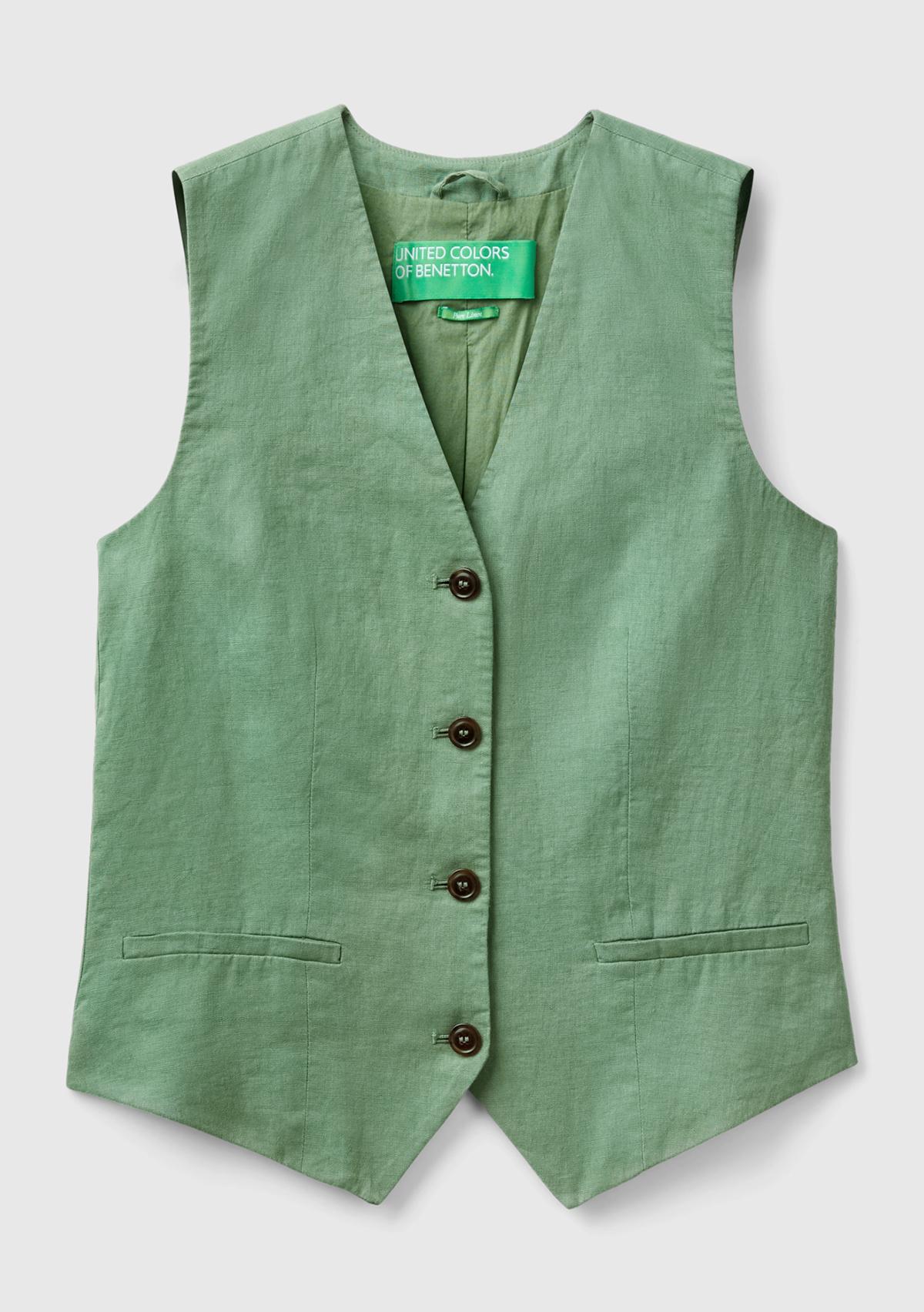 Kadın Mint Yeşili %100 Keten Önü Düğme İliklemeli V Yaka Yelek