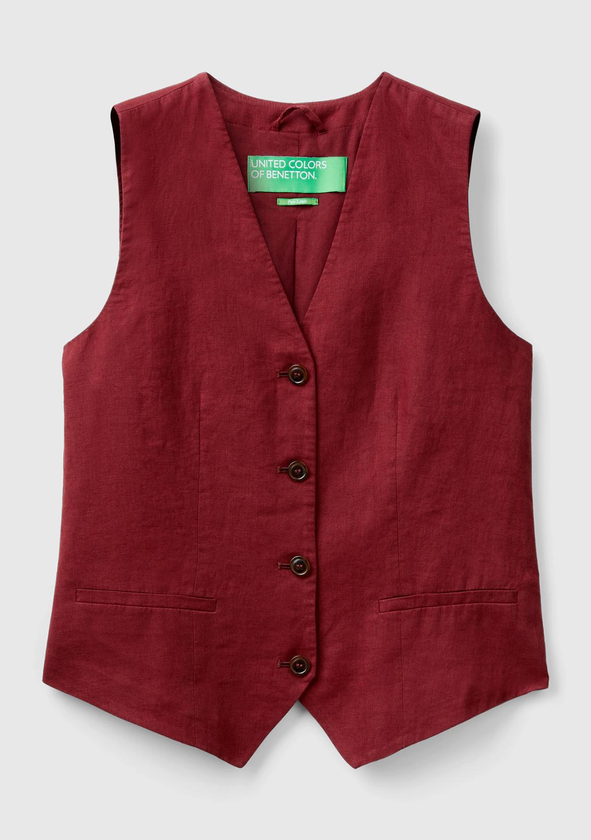 Kadın Bordo %100 Keten Önü Düğme İliklemeli V Yaka Yelek