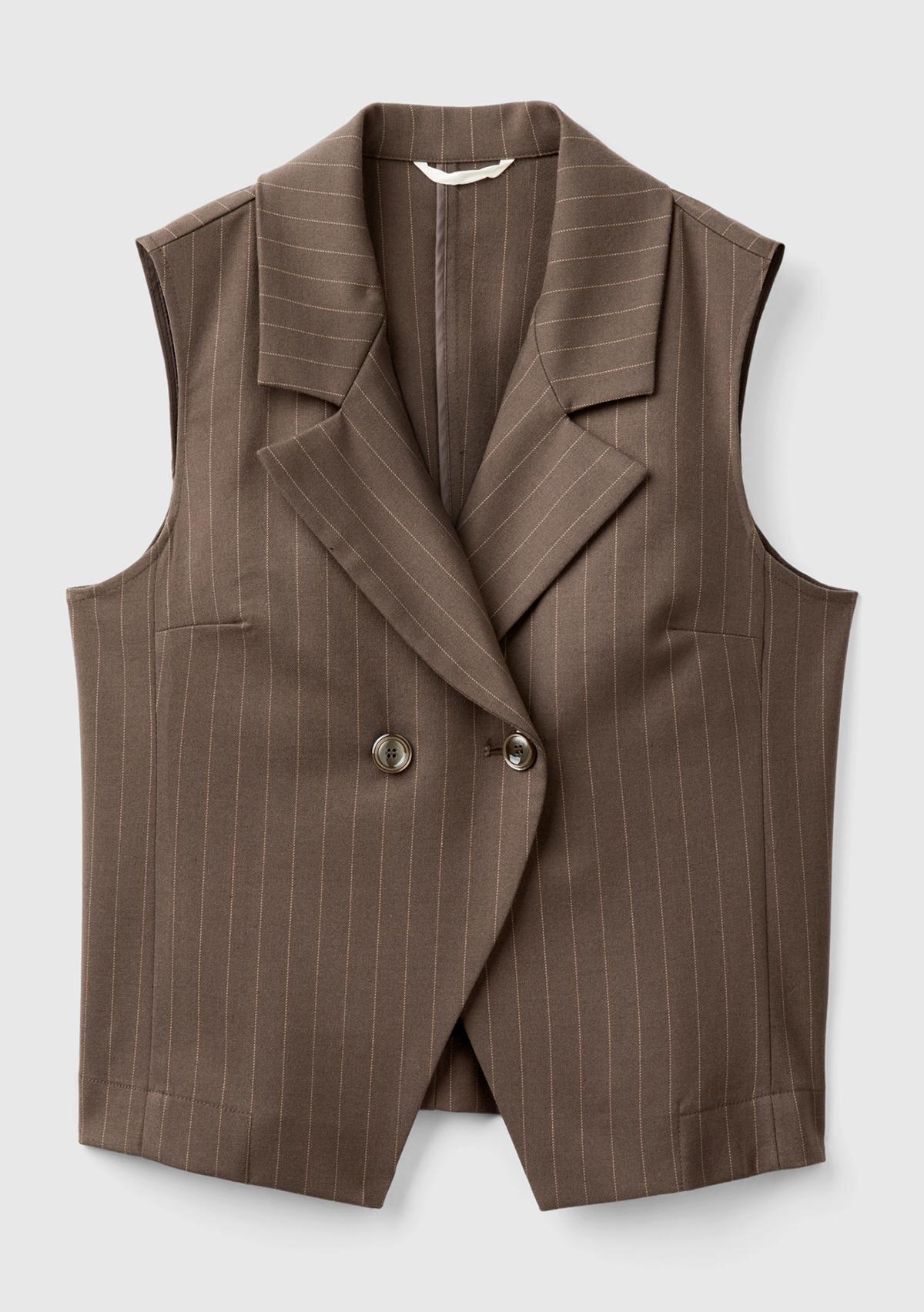 Kadın Taba Viskoz Karışımlı Düğmeli Çizgili Sivri Yaka Kruvaze Yelek