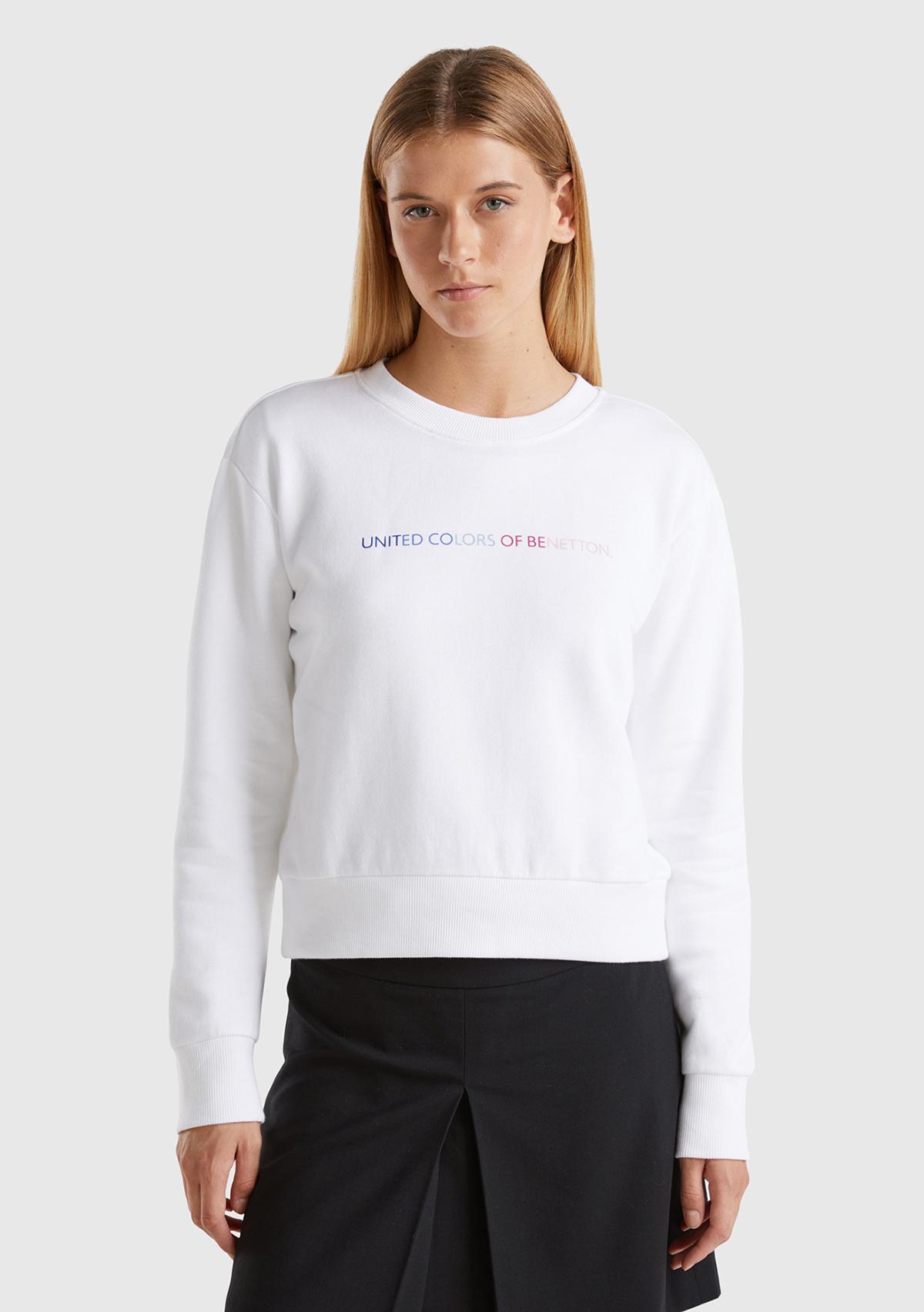 Kadın Beyaz %100 Pamuk Önü Logo Baskılı Ribanalı Bisiklet Yaka Sweatshirt