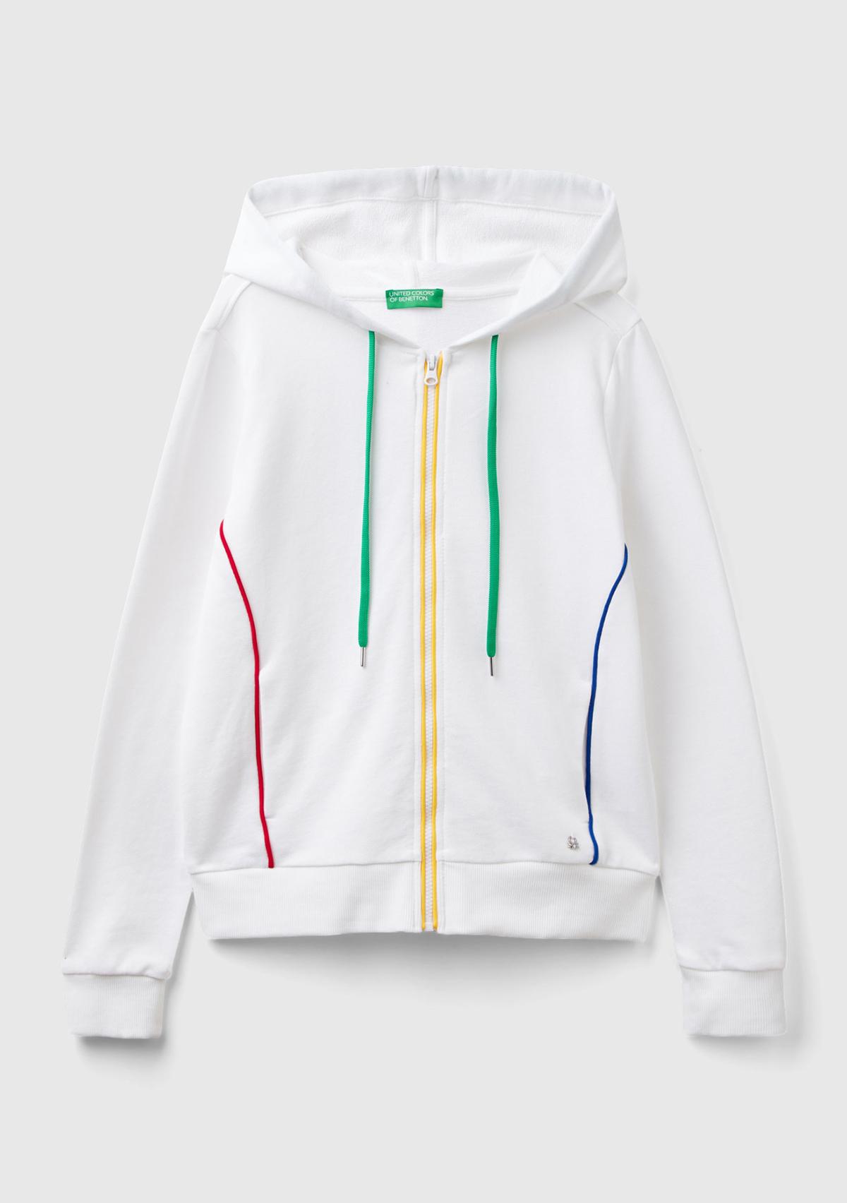 Kadın Beyaz %100 Koton Fermuarlı Kapüşonlu Renkli Biyeli Sweatshirt