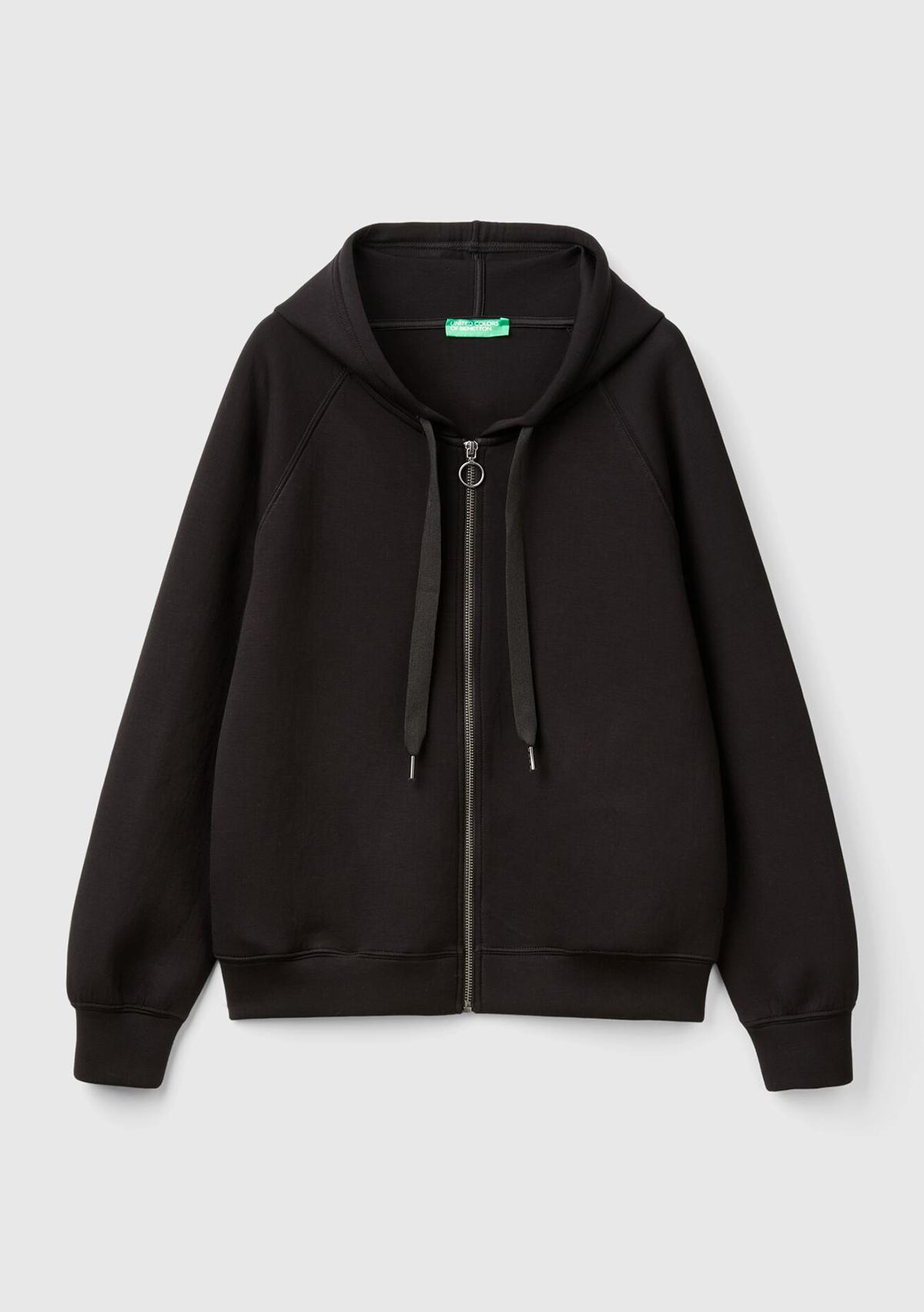 Kadın Siyah Viskoz Karışımlı Büzgü İpli Kapüşonlu Fermuarlı Sweatshirt