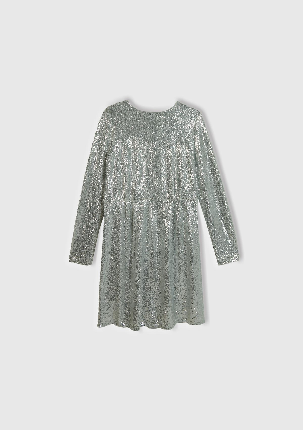 Kadın Gümüş İçi Jarse Astarlı Sırt Detaylı Uzun Kollu Simli Elbise