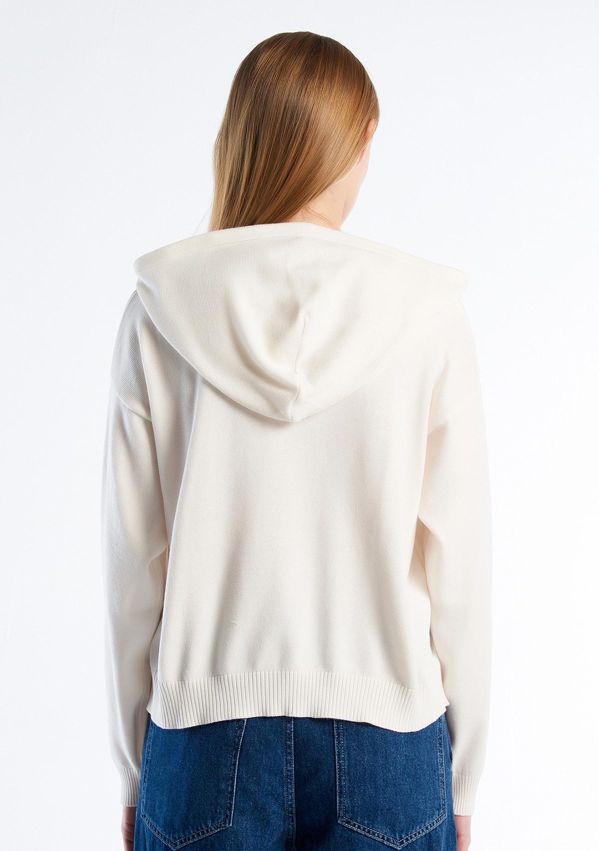 Kadın Krem %100 Pamuk Kapüşonlu Büzgülü Crop Basic Triko Sweatshirt