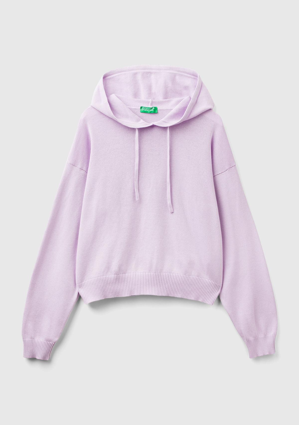 Kadın Lila %100 Pamuk Kapüşonlu Büzgülü Crop Basic Triko Sweatshirt